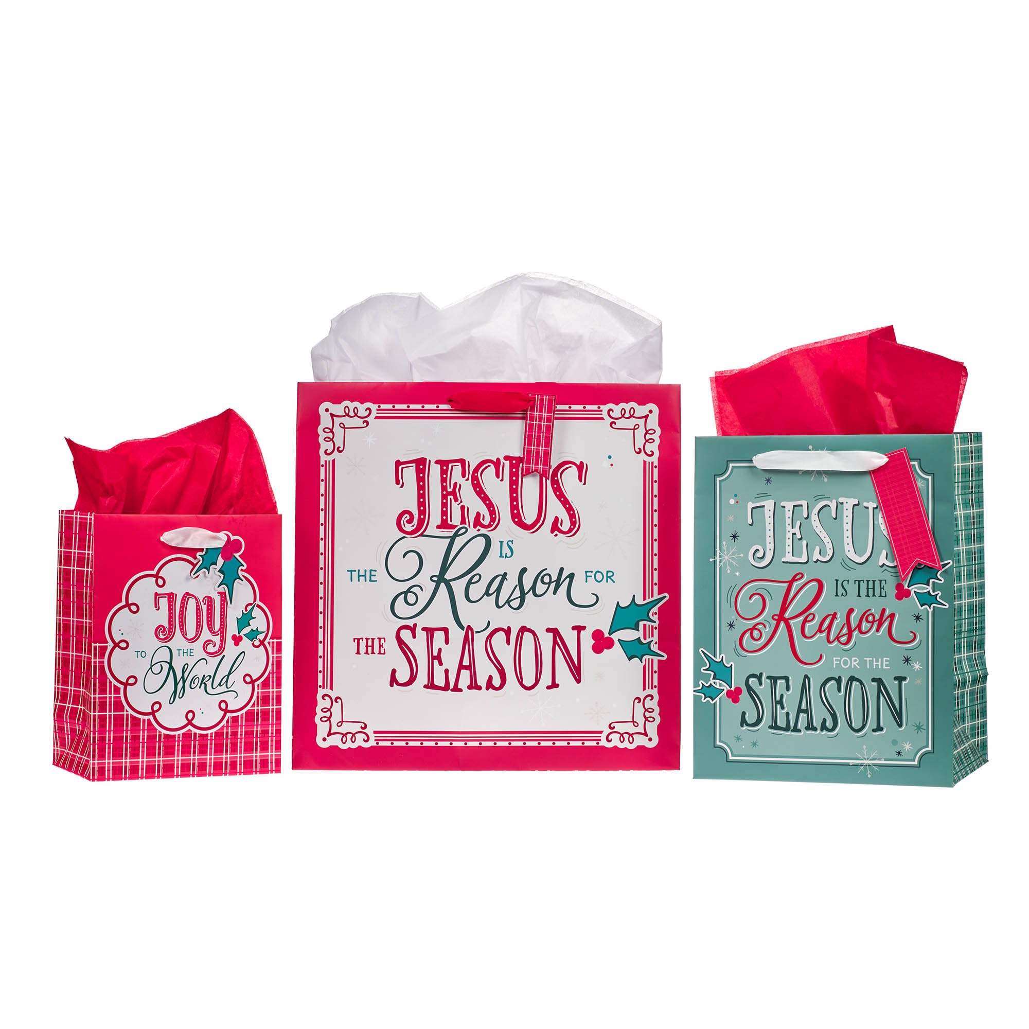 Christian Art Gifts Three Piece Inspirational Christmas Gift Bag, Tag & Wrapping Tissue Paper Set for Men & Women: Jesus is the Reason, Multicolor Red, Green & White