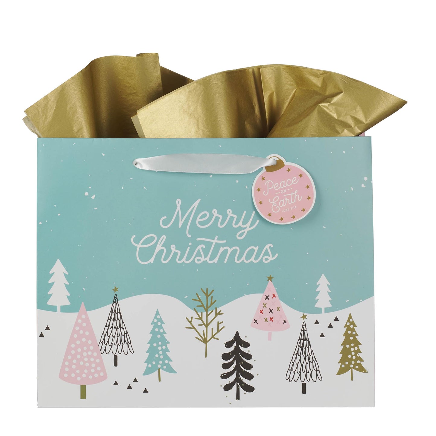 Christian Art Gifts Large Landscape Inspirational Scripture Gift Bag, Tag & Wrapping Tissue Paper Set for Men & Women: Merry Christmas, Cute Sturdy Satin Ribbon Handles, Teal Pastel Multicolor