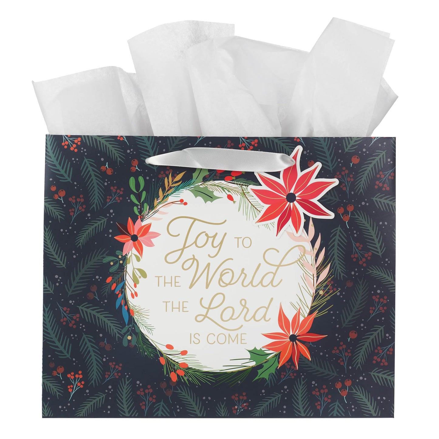 Christian Art Gifts Large Landscape Inspirational Christmas Gift Bag, Tag & Wrapping Tissue Paper Set for Men & Women: Joy to the World, Sturdy Satin Ribbon Handles, Blue Poinsettia Multicolor Design