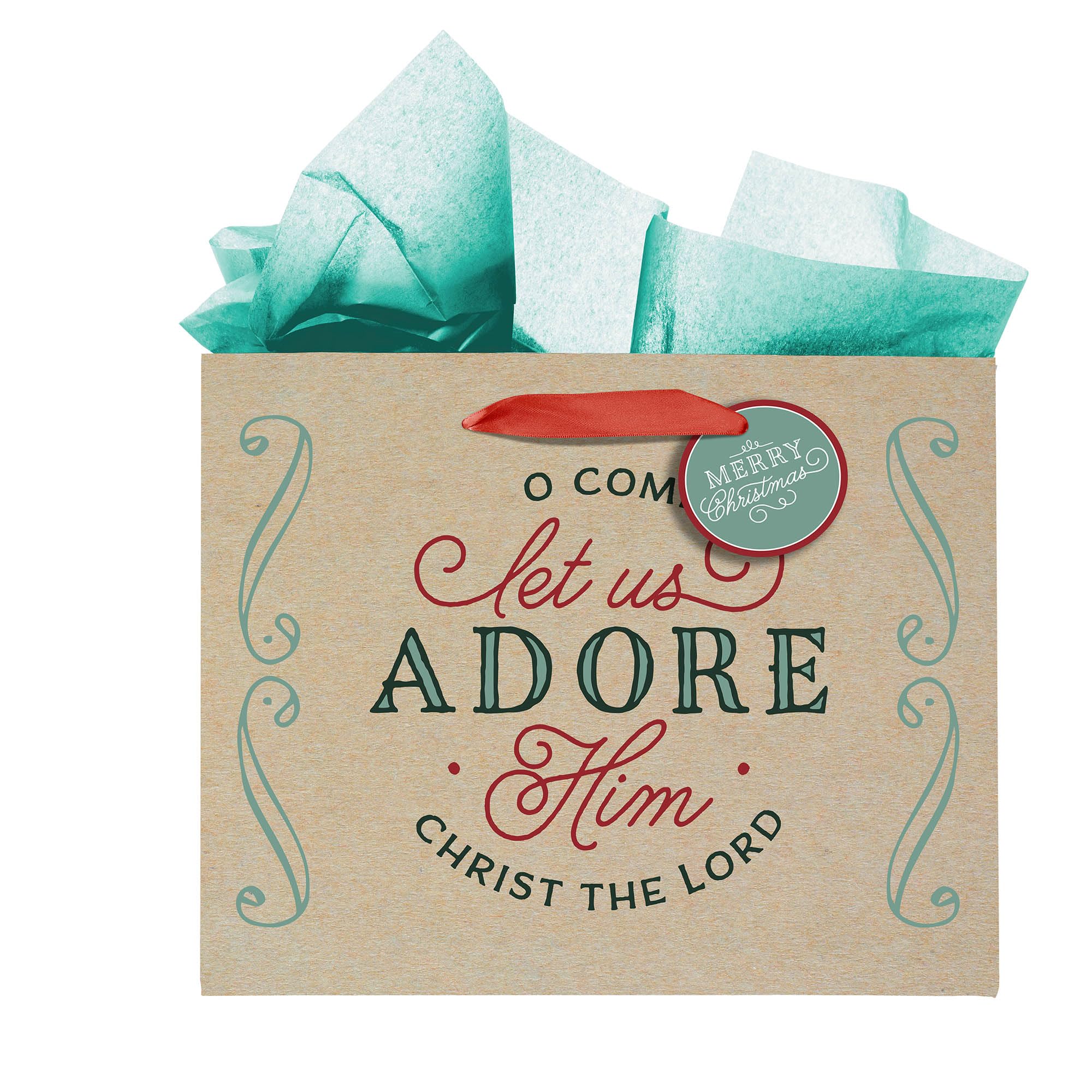 Christian Art Gifts Large Landscape Inspirational Christmas Gift Bag, Tag & Wrapping Tissue Paper Set for Men & Women: Let Us Adore Him, Sturdy Satin Ribbon Handles, Festive Red