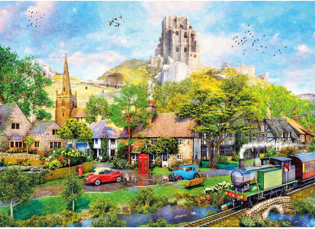 Gibsons Below Corfe Castle 1000 Piece Jigsaw Puzzle for Adults – Steam Train Scene by Dominic Davison – Scenic Dorset Countryside Artwork – Premium Sustainable Puzzle Made in the UK/EU