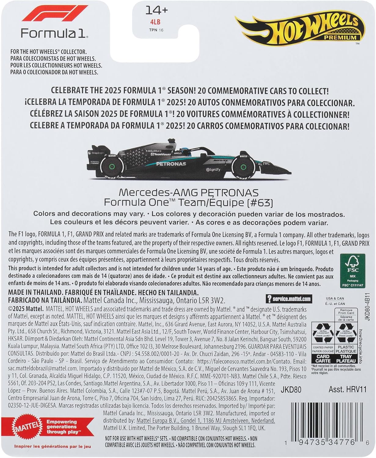 Hot Wheels Premium Formel 1 Mercedes-Benz – George Russell #63 Die-Cast-Spielzeugauto im Maßstab 1:64 Sammelspielzeug-Rennauto mit Real Riders-Reifen sowie Metall-Karosserie und -Fahrgestell, JKD80