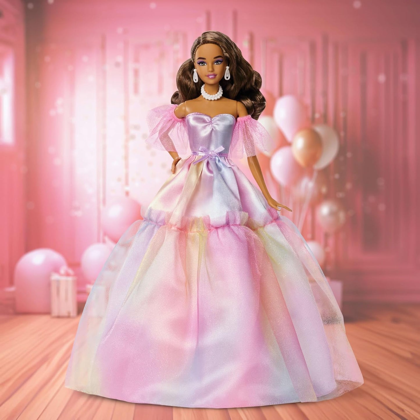 Barbie Signature Birthday Wishes Fashion Doll with Brown Hair in Dress with Pastel Rainbow Effect, Collectible Toy with Giftable Packaging, JJX78