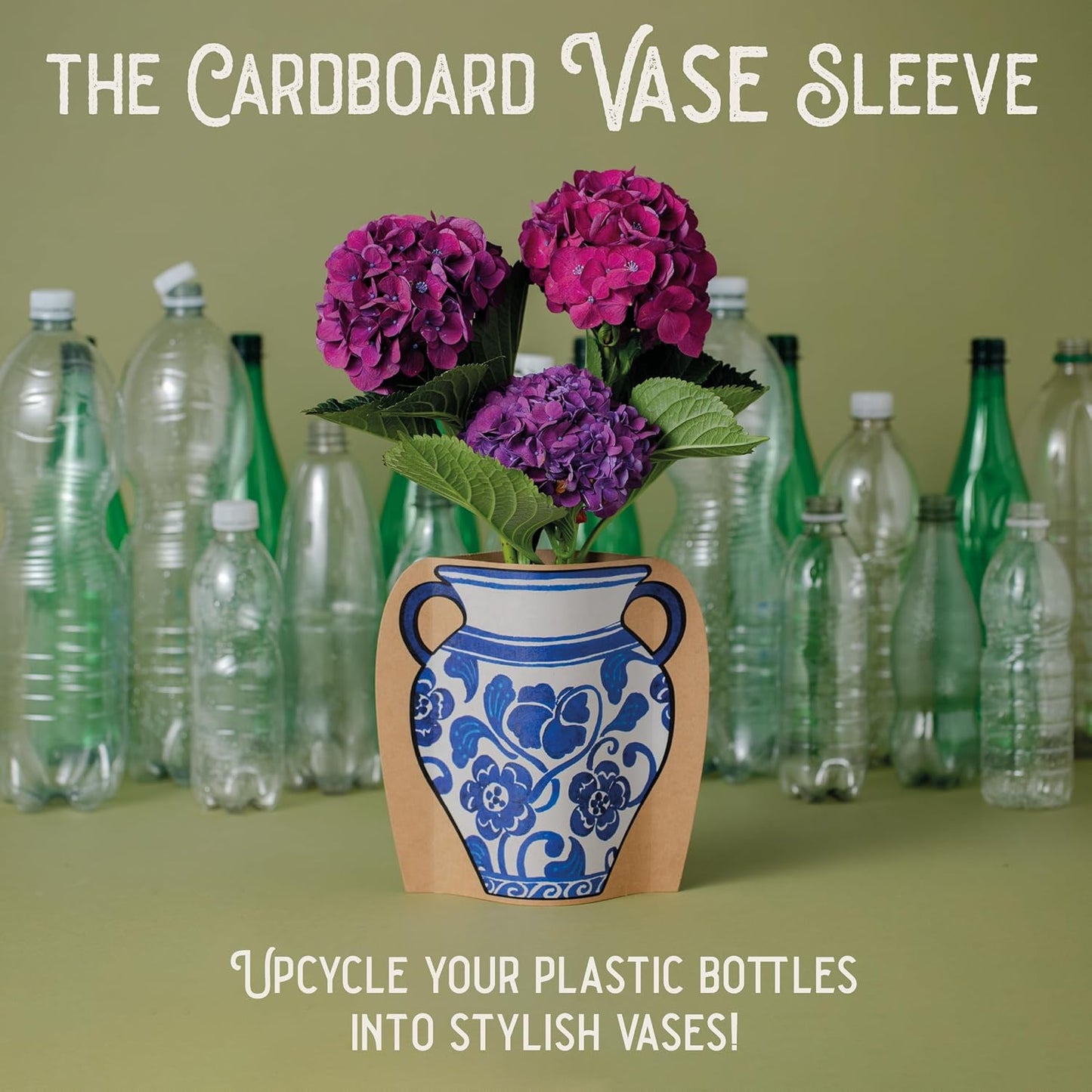 IF Decorative Vase Sleeve - Home decor - upcycle plastic bottles by covering them. Double sided cardboard cover - two vase designs per pack - Blue & White Oriental