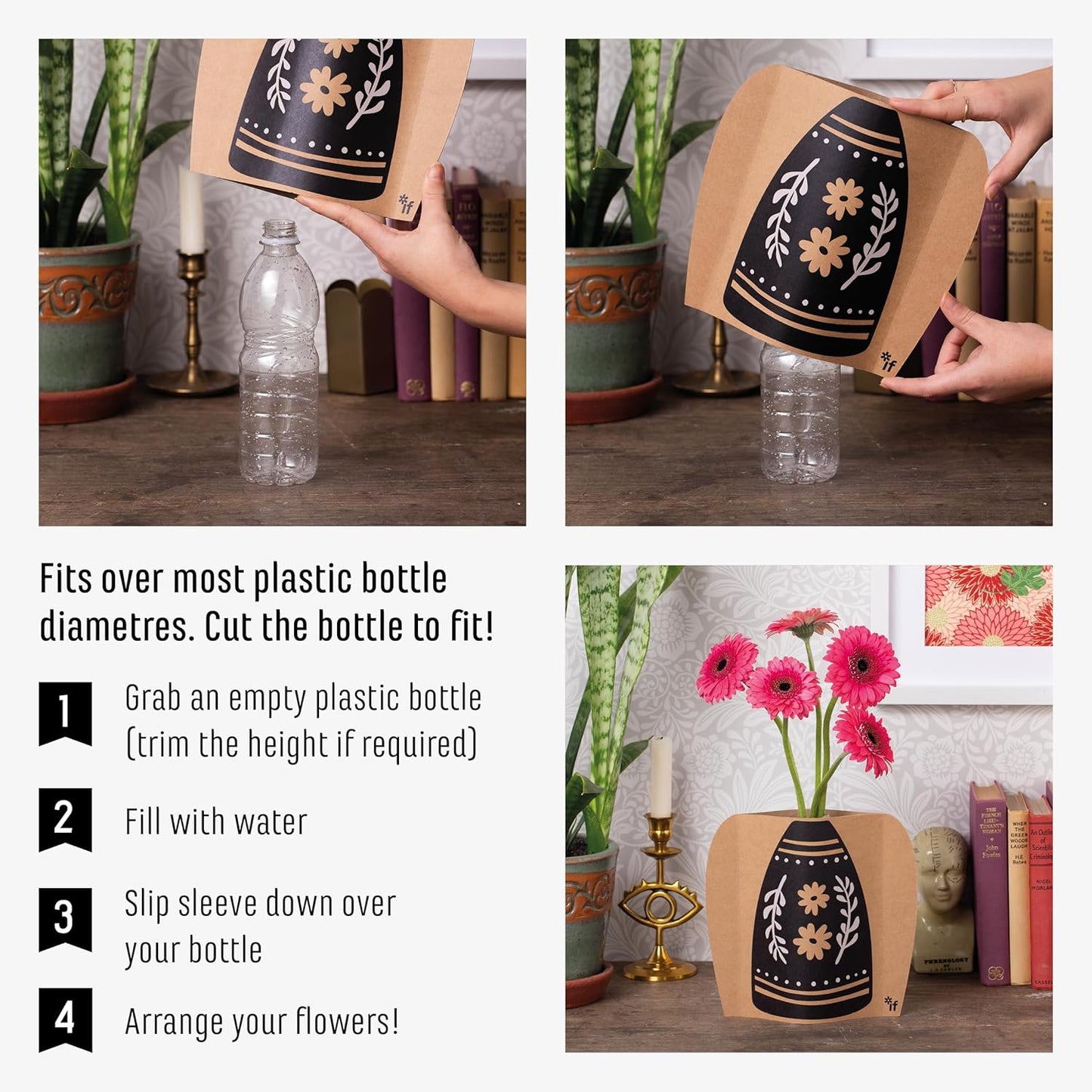 IF Decorative Vase Sleeve - Home decor - upcycle plastic bottles by covering them. Double sided cardboard cover - two vase designs per pack - Cut Glass