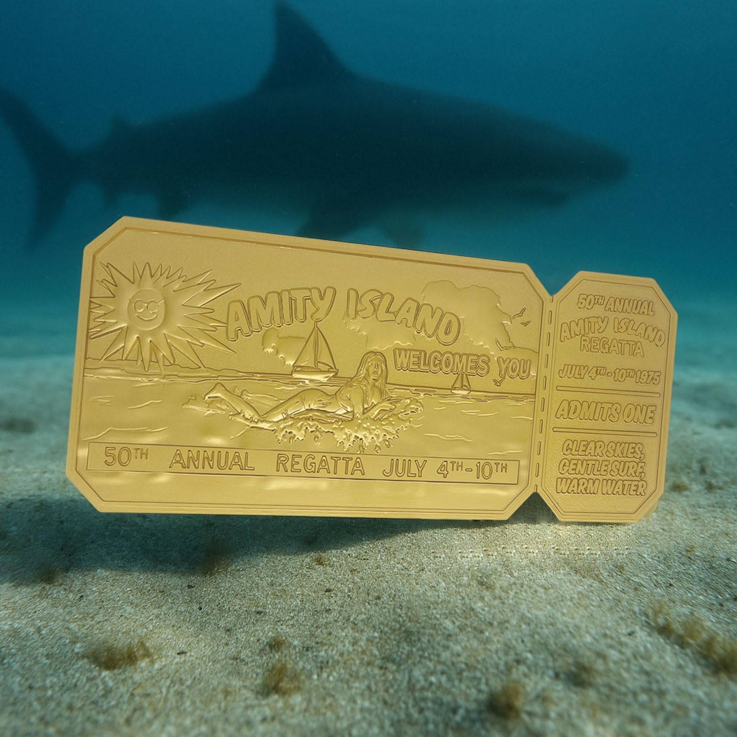 FaNaTtik Jaws 50th Anniversary Regatta Ticket Replica – Limited Edition Collectible (24k Gold Plated, Officially Licensed, 160x65mm, Display Stand Included