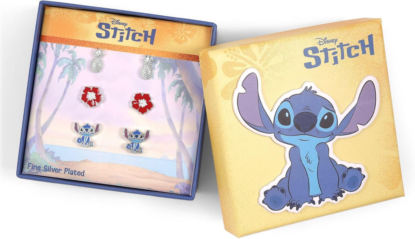 Disney Stitch Girls Silver Plated Tropical Flower 3 Piece Earring Set