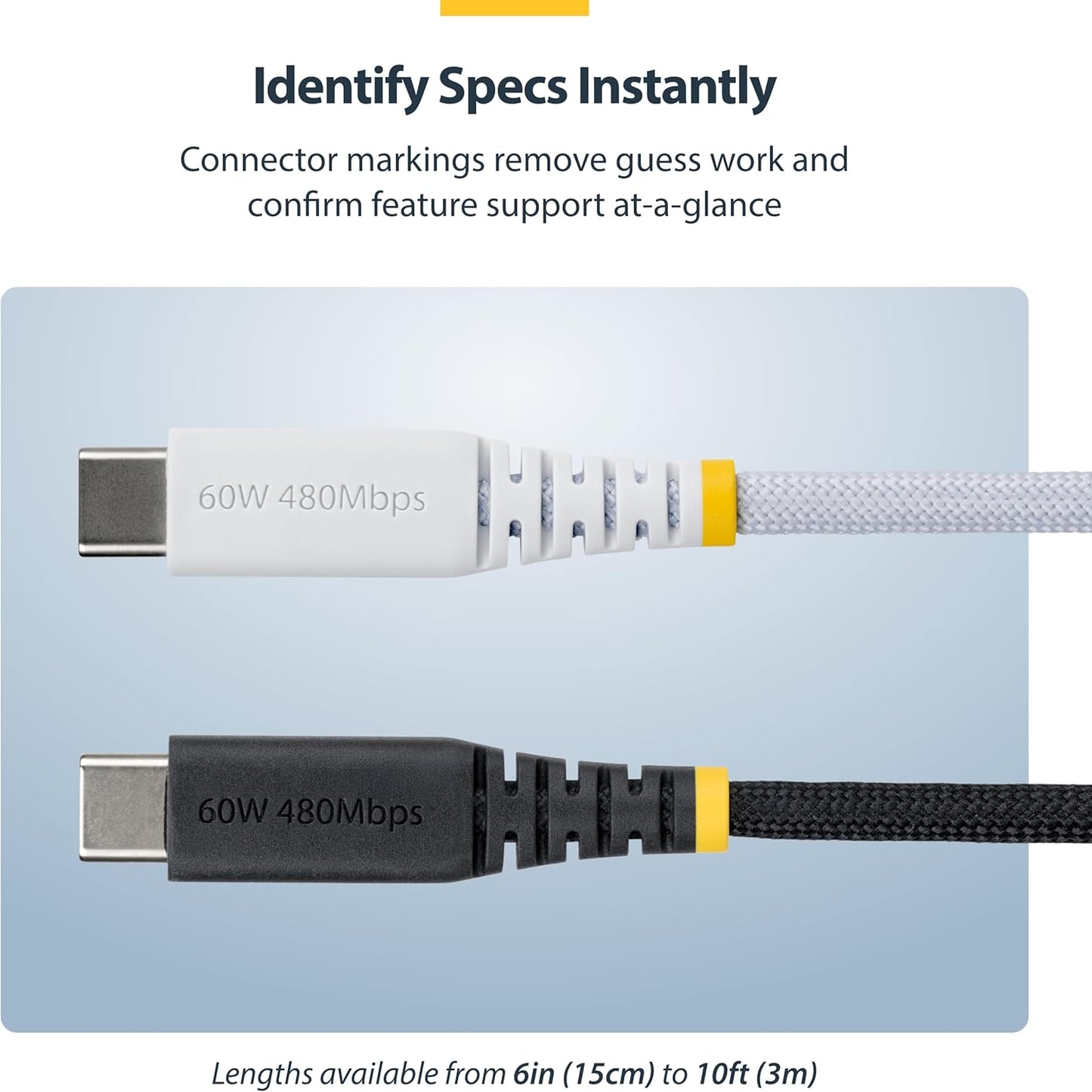 StarTech.com Cavo di Ricarica USB-C Bianco da 2m, 60W (3A) PD, Guaina con Doppio Strato in Nylon/TPE, Robusto Cavetto USB 2.0