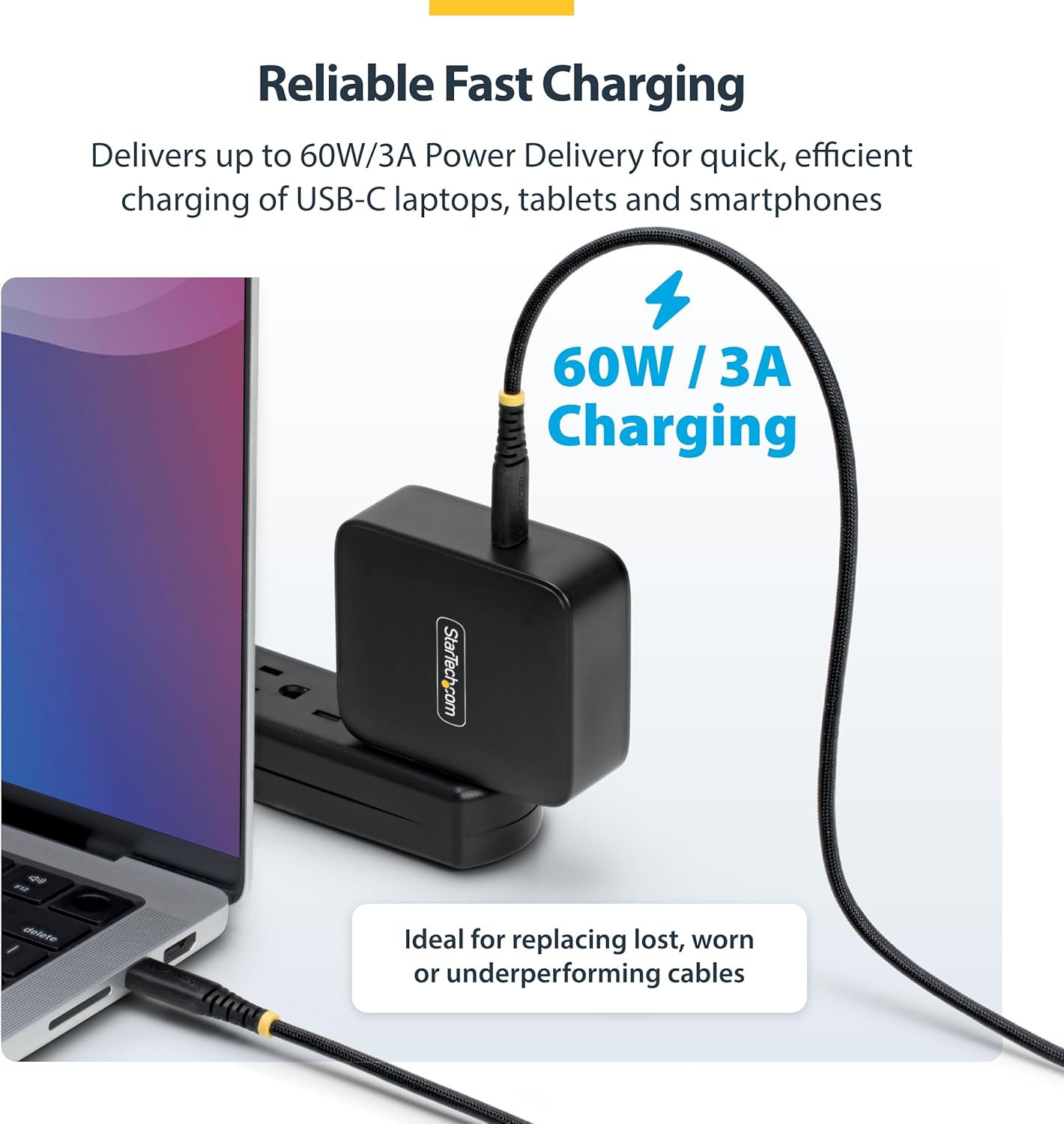 StarTech.com 15cm (6in) USB-C Charging Cable, 60W (3A) PD, Dual-Layer Braided Nylon/TPE Jacket, Rugged USB C Laptop Charger Cord