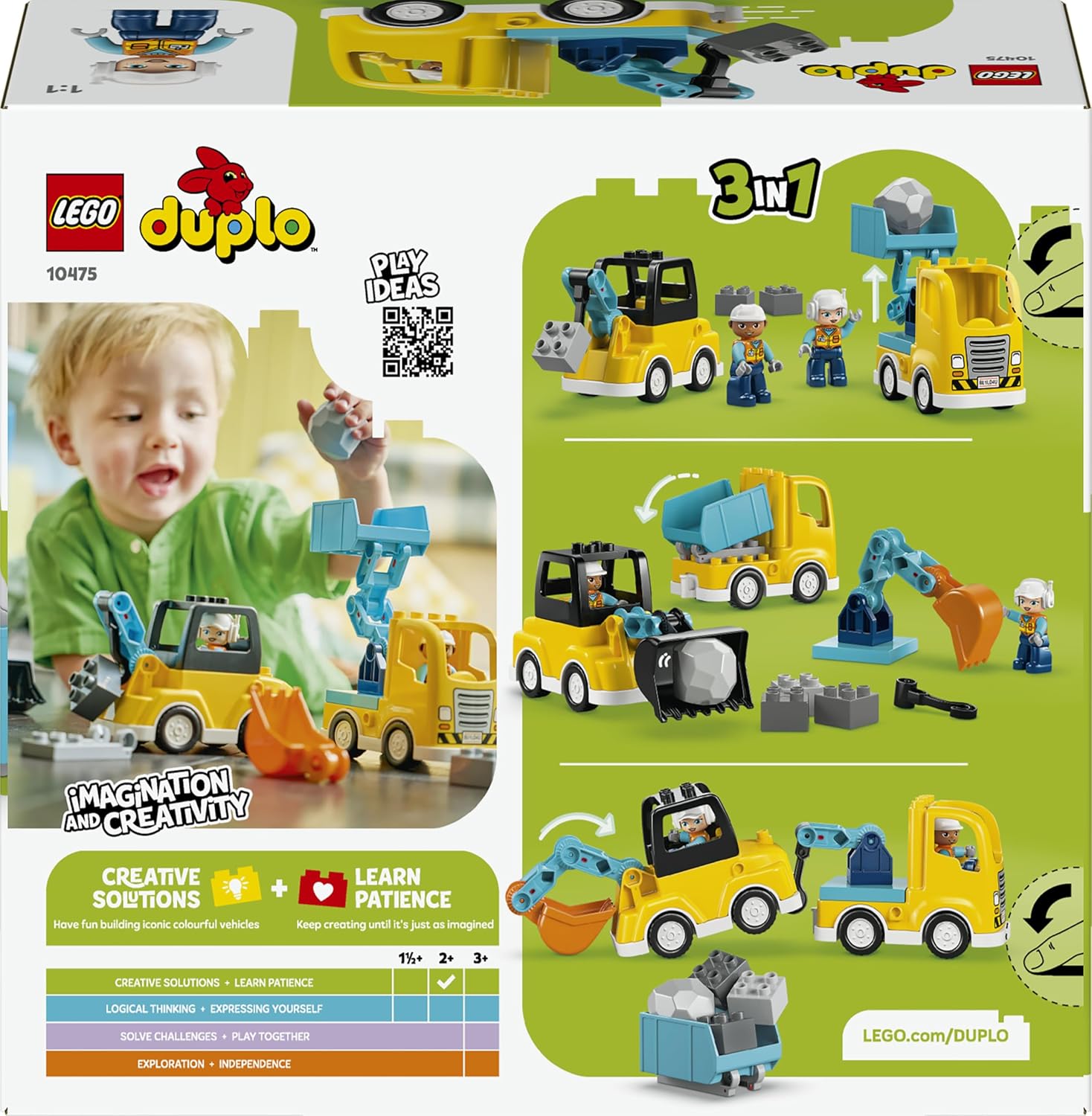LEGO DUPLO 3 in 1 Construction Vehicles - Educational Montessori Toy for Toddlers w/Trucks, Excavator Digger & Loader - Birthday Gift Idea for 2+ Year Old Boys & Girls - 10475