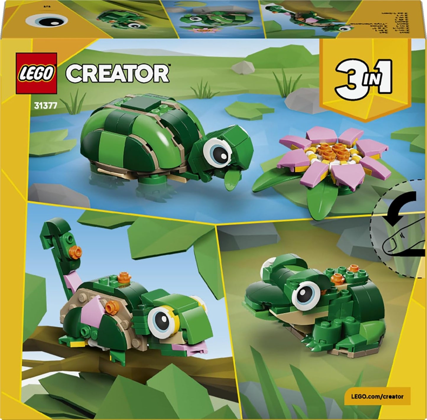LEGO Creator 3in1 Turtle with a Water Lily Flower Toy - Animal Figure Transforms into a Chameleon or Frog - DIY Desk Decor Idea - Birthday Gift for 7+ Year Old Girls & Boys - 31377