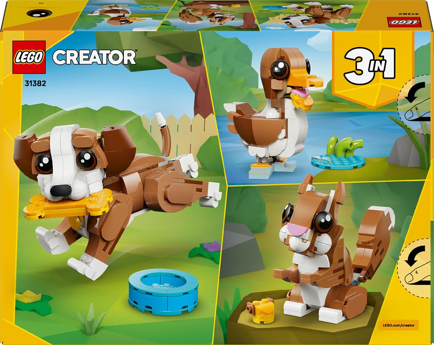 LEGO Creator 3in1 Cute Animals: Playful Puppy Dog Toy - Pet Animal Figure Transforms into a Squirrel or Duck - Creative Birthday Gift for 8+ Year Old Girls & Boys - 31382
