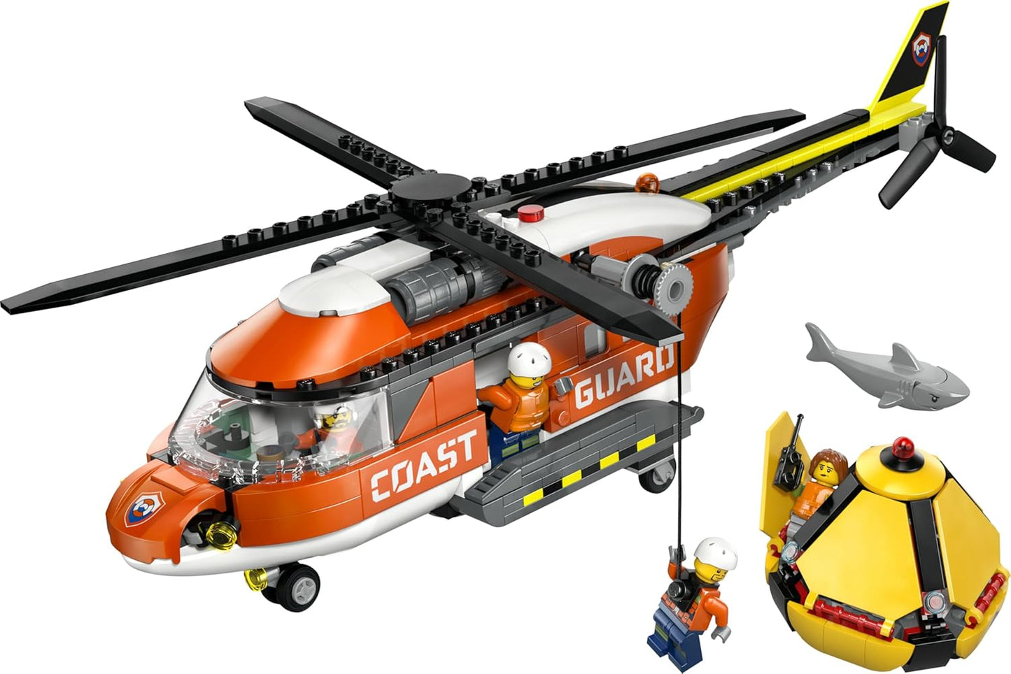 LEGO City Coast Guard Helicopter Toy - Emergency Vehicle Model Kit w/Sliding Doors, Winch, 4 Minifigures & Shark Figure - Birthday Gift for 7+ Year Old Boys - 60503