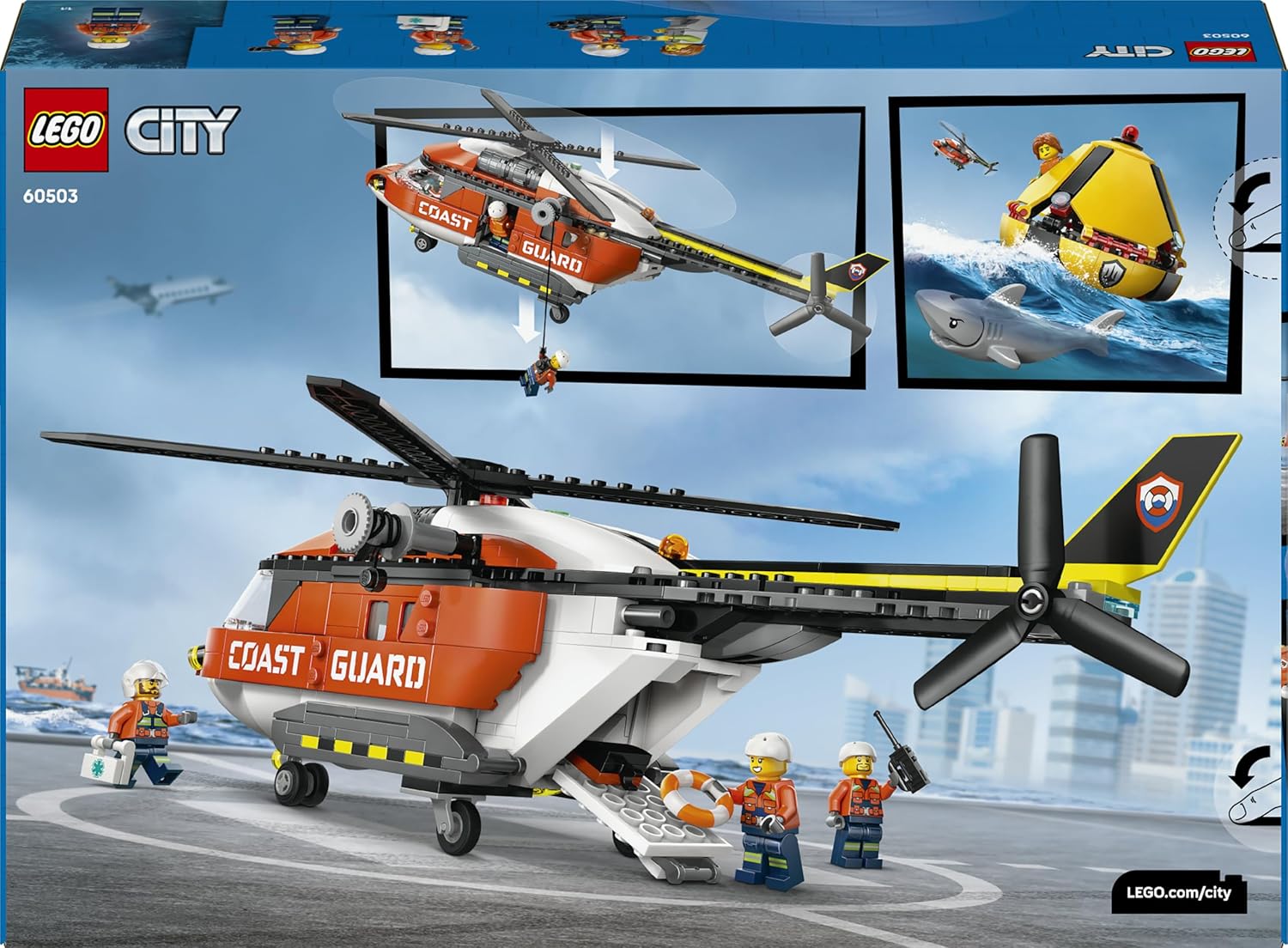 LEGO City Coast Guard Helicopter Toy - Emergency Vehicle Model Kit w/Sliding Doors, Winch, 4 Minifigures & Shark Figure - Birthday Gift for 7+ Year Old Boys - 60503