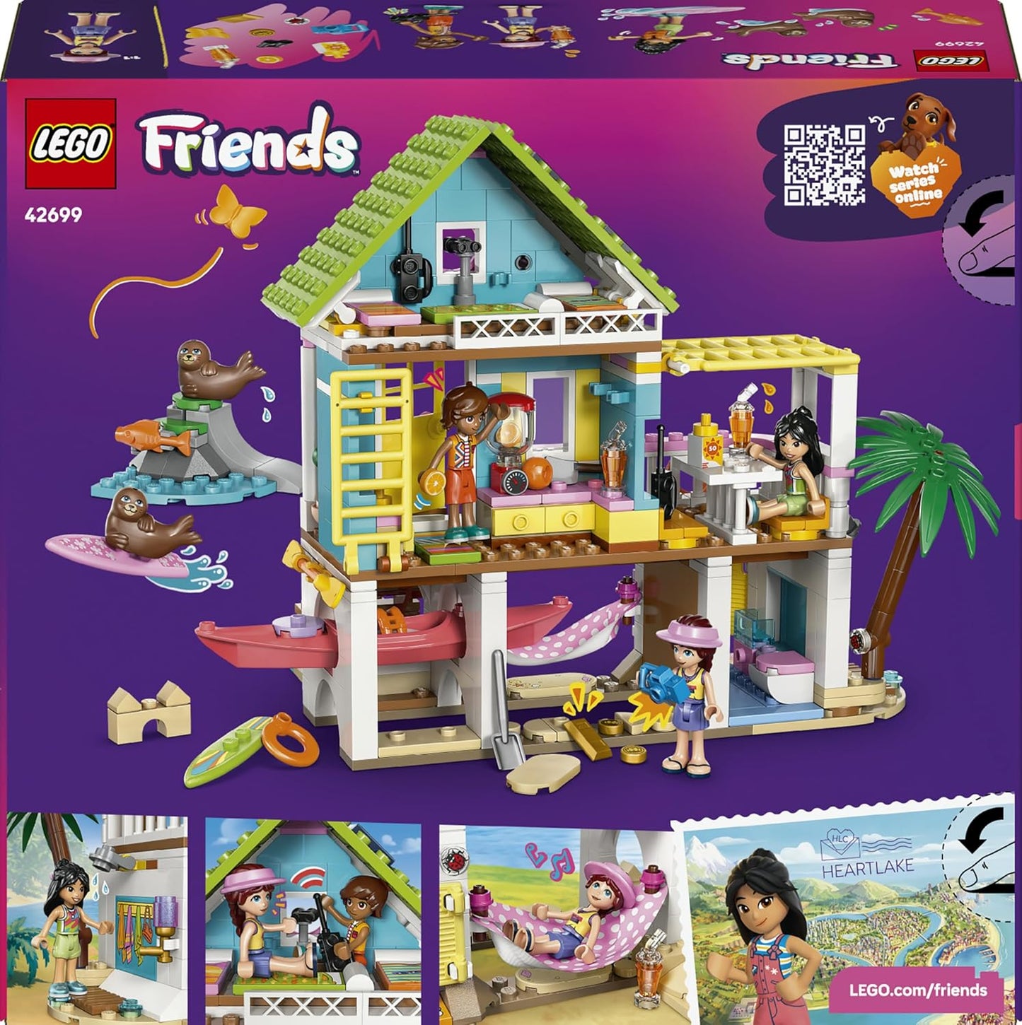LEGO Friends Beach House with Seals - Miniature Toy Set w/ 3 Mini Dolls, 2 Sea Animal Figures and Accessories incl. Surfboard & Kayak - Birthday Gift for 7+ Year Old Girls - 42699