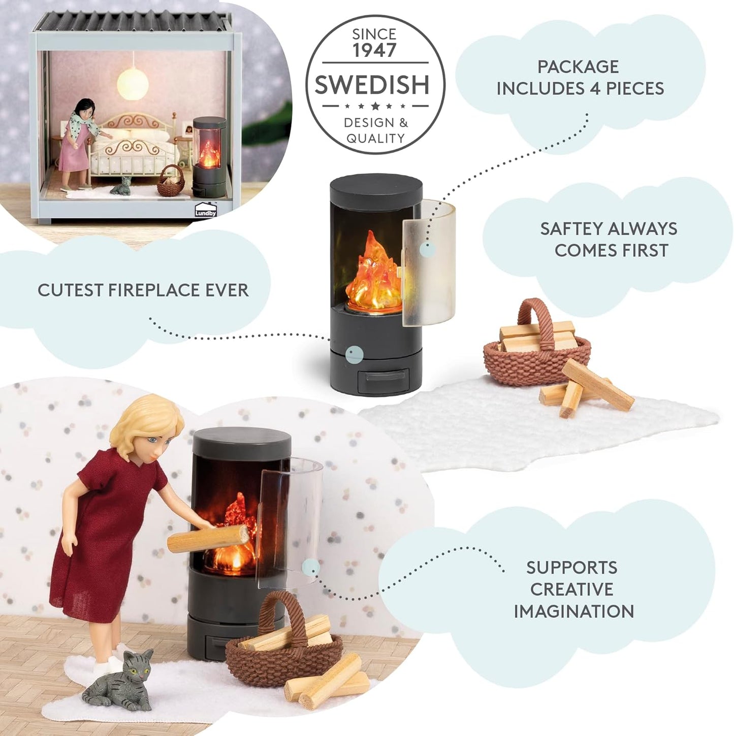 Lundby Poppenhuis - miniatuur open haard poppenmeubel met LED-verlichting - inrichting poppenhuis meubelset - woonkamer - accessoires - 11cm poppen 1:18