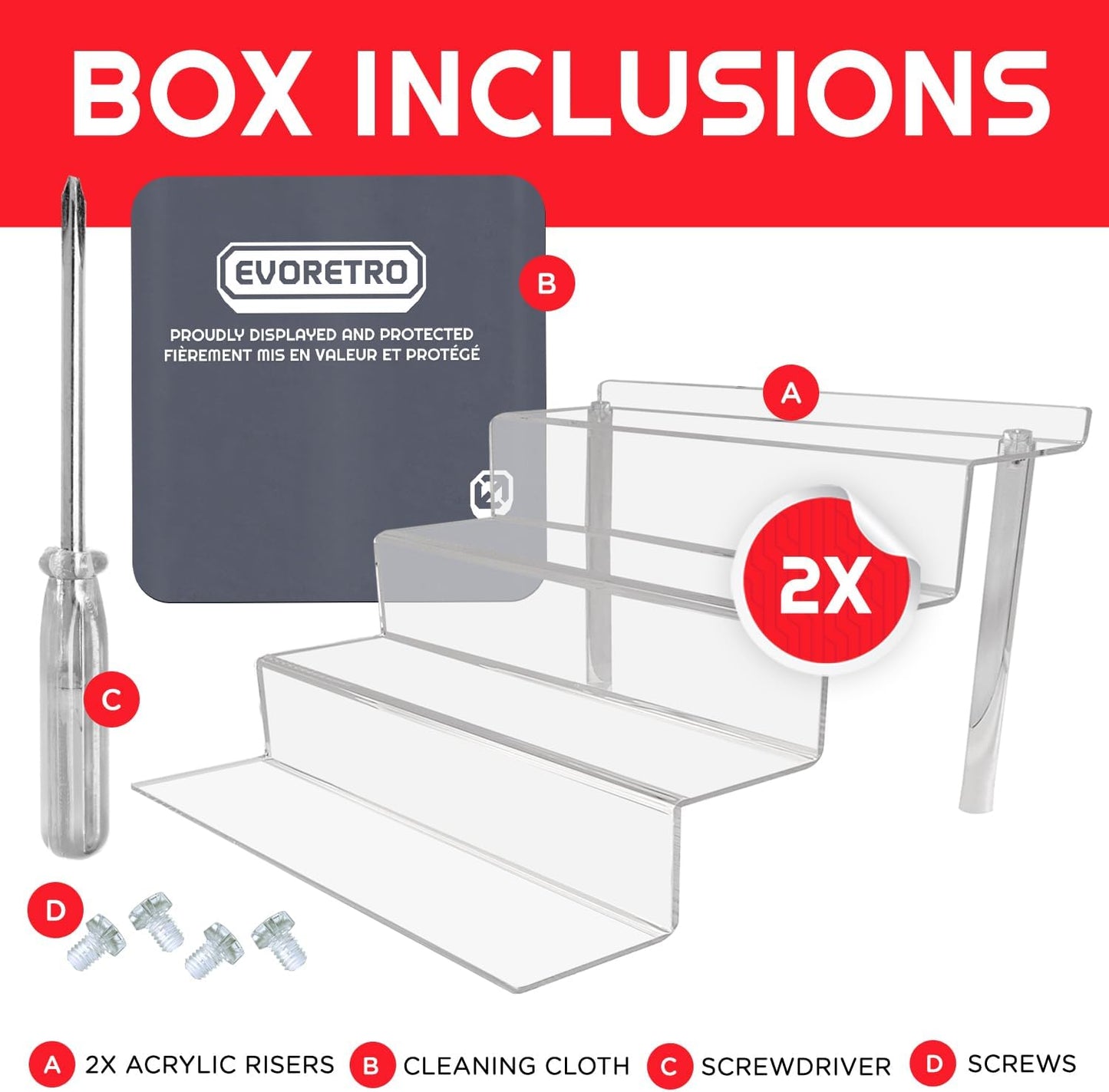 EVORETRO Acryl-Ständer – 4-stufige Mehrzweck-Abstandshalter aus transparentem Acryl für Actionfiguren, Funko Pop Display, Köln-Organizer, Parfüm-Display, platzsparende Displayerhöhung – 2 Stück, RS6