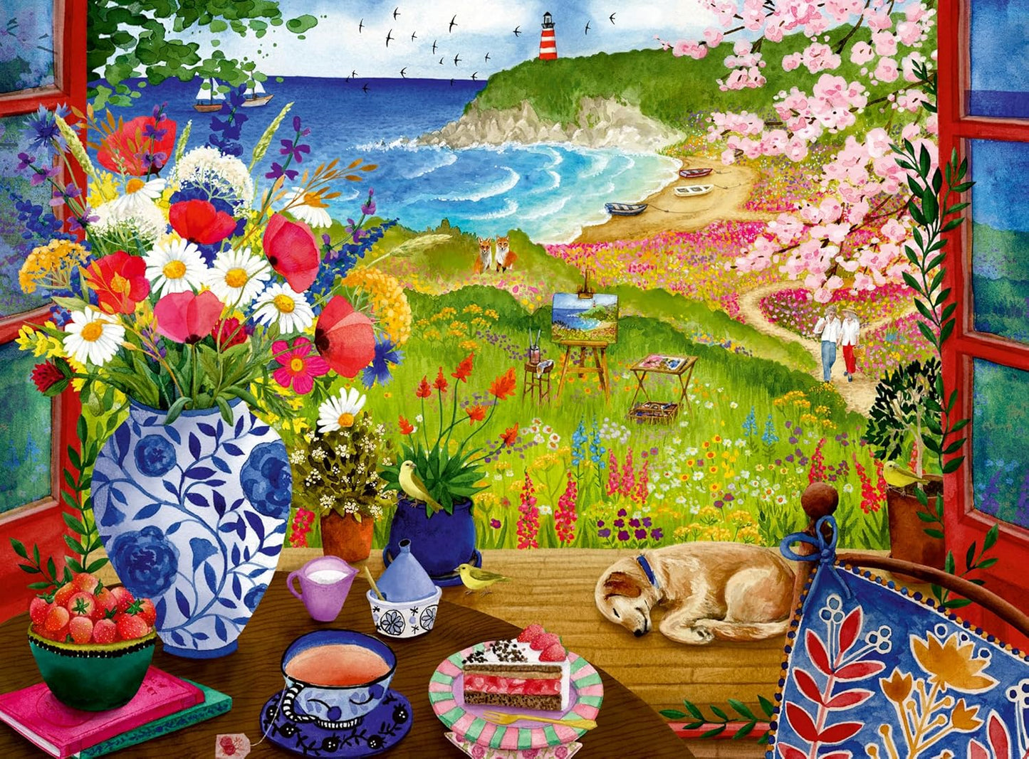 Ravensburger 100 Piece Extra Large Seaside Window View Jigsaw Puzzle for Adults & Kids – Feel Well & Puzzle Range, Coastal Seaside Scene with Lighthouse, Dog & Flowers, Includes Puzzle Board & Poster