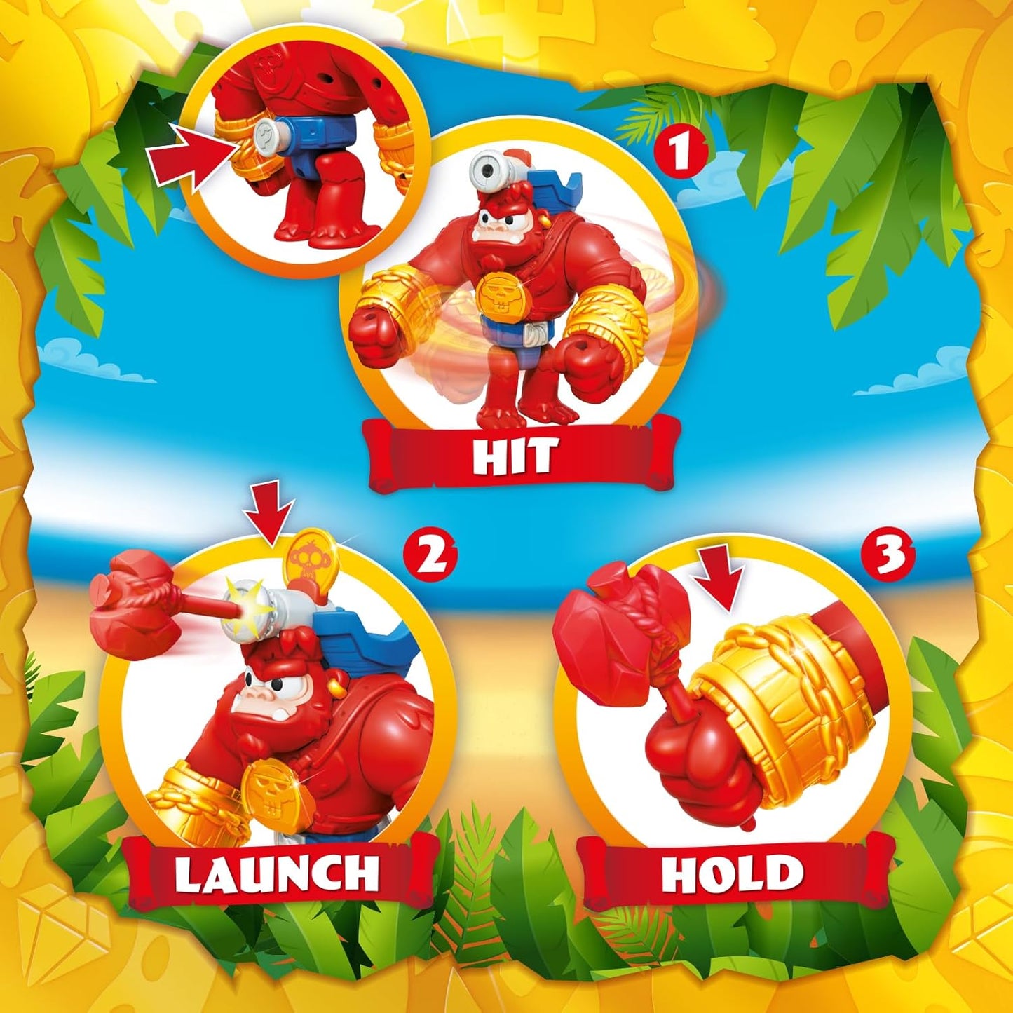 PIRATIX Gorilla Bros: Boom Ben – Articulated gorilla that attacks with its fists horizontally and with a cannon. Includes 1 gorilla, 1 exclu-sive Piratix, 1 exclusive treasure and 1 projectile