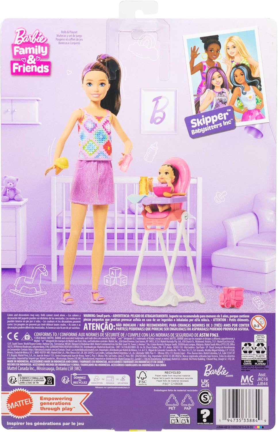 Barbie Skipper Babysitters Inc. Playset with Brunette Doll, Brunette Toddler Doll, High Chair & 8 Accessories Including Food, JJB44