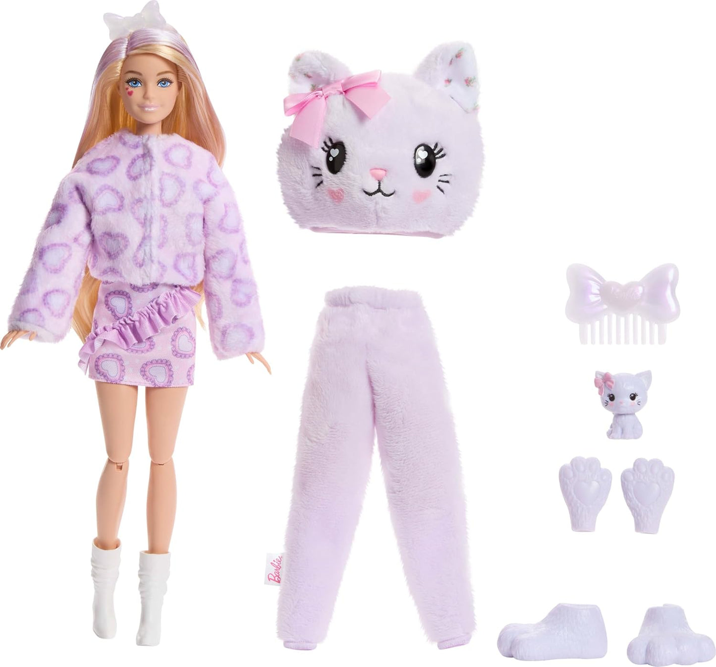 Barbie Cutie Reveal Doll & Accessories, Cuddly Series Kitten with 10 Surprises Including Color Change & Mini Pet, JJP64