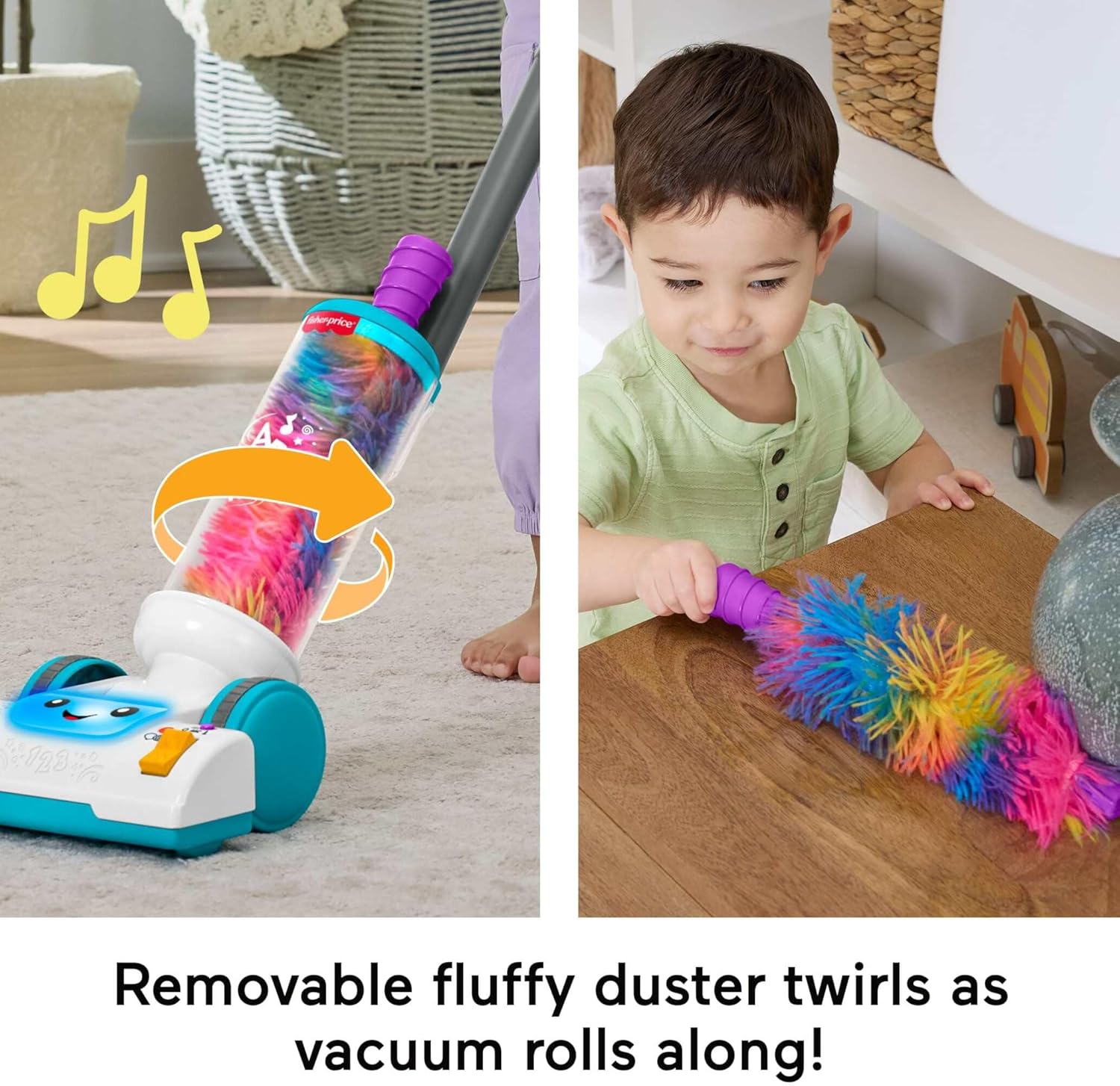 Fisher-Price Toddler Toy Laugh & Learn 2-in-1 Vacuum with Duster, Lights & Music for Pretend Play Kids Ages 2+ Years, Multilanguage Version, JMM33