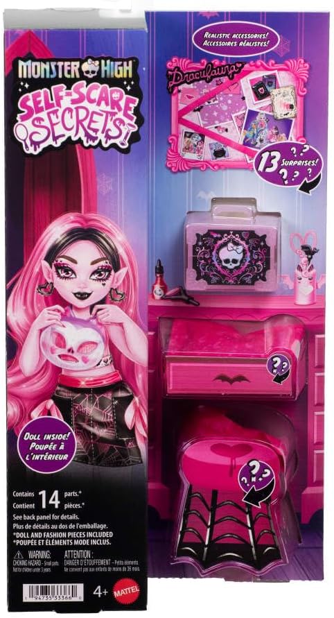 Monster High Self-Scare Secrets Draculaura Doll and Accessories Set with 13 Realistic Surprises like Working Face Roller and Customizable Mood Board, JHK43