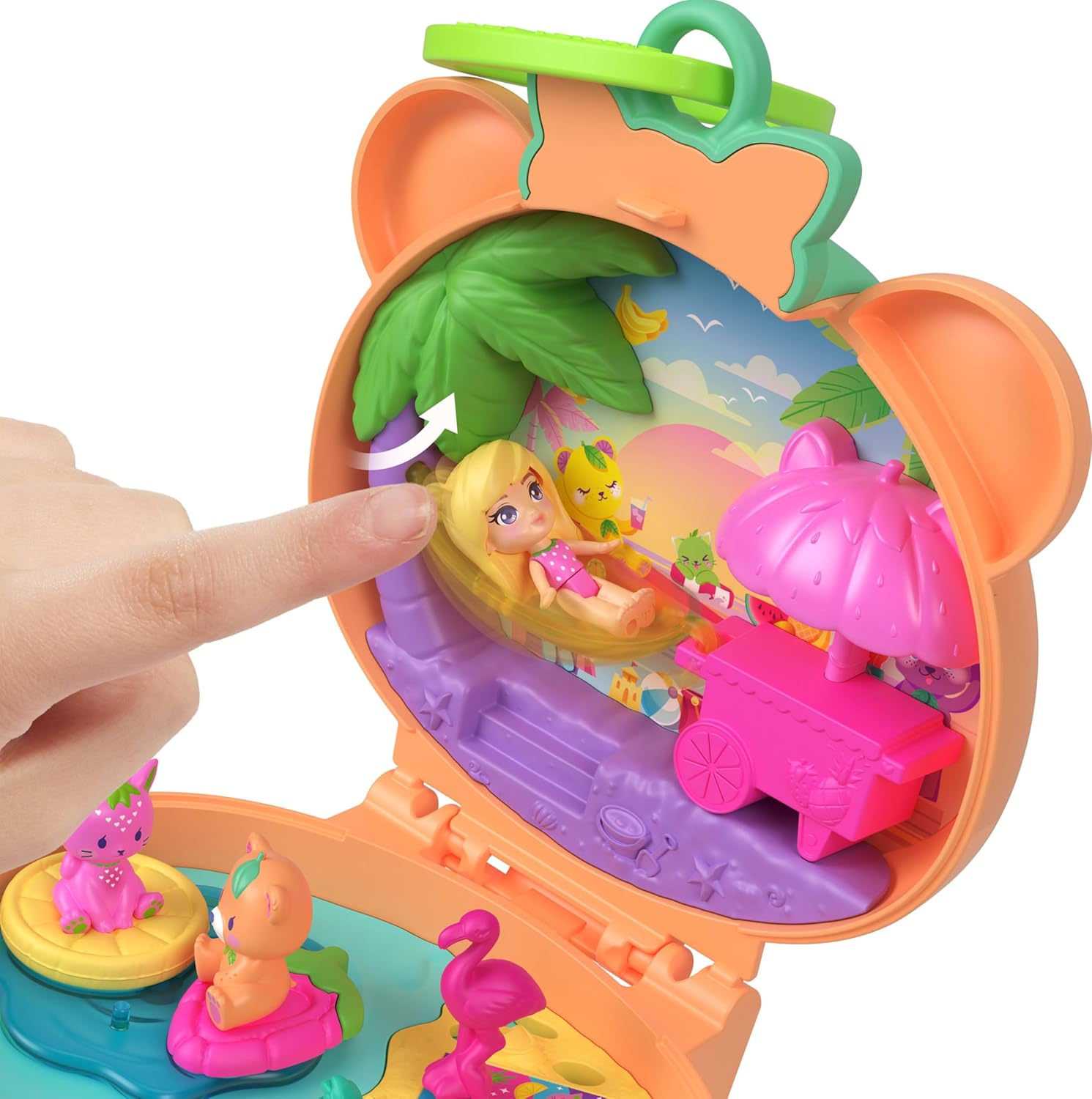 Polly Pocket Doll & Pets Playset, Plushie Bear Compact, Keychain and Plush with Fruit Theme Accessories and Charms, JKC79