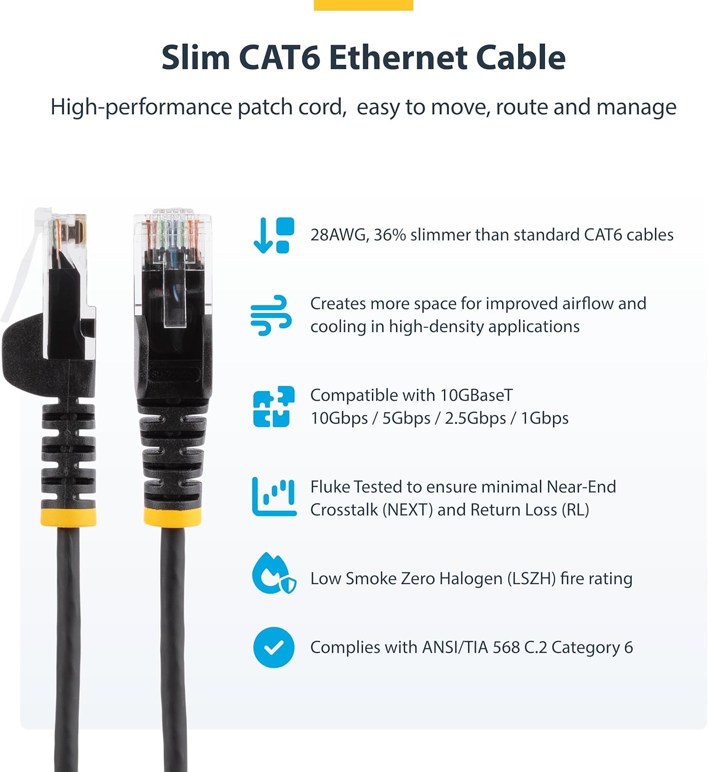 StarTech.com 25cm Black Slim CAT6 Ethernet Cable, Snagless RJ45, LSZH, 28AWG Pure Bare Copper, Slim Network Patch Cable/Cord