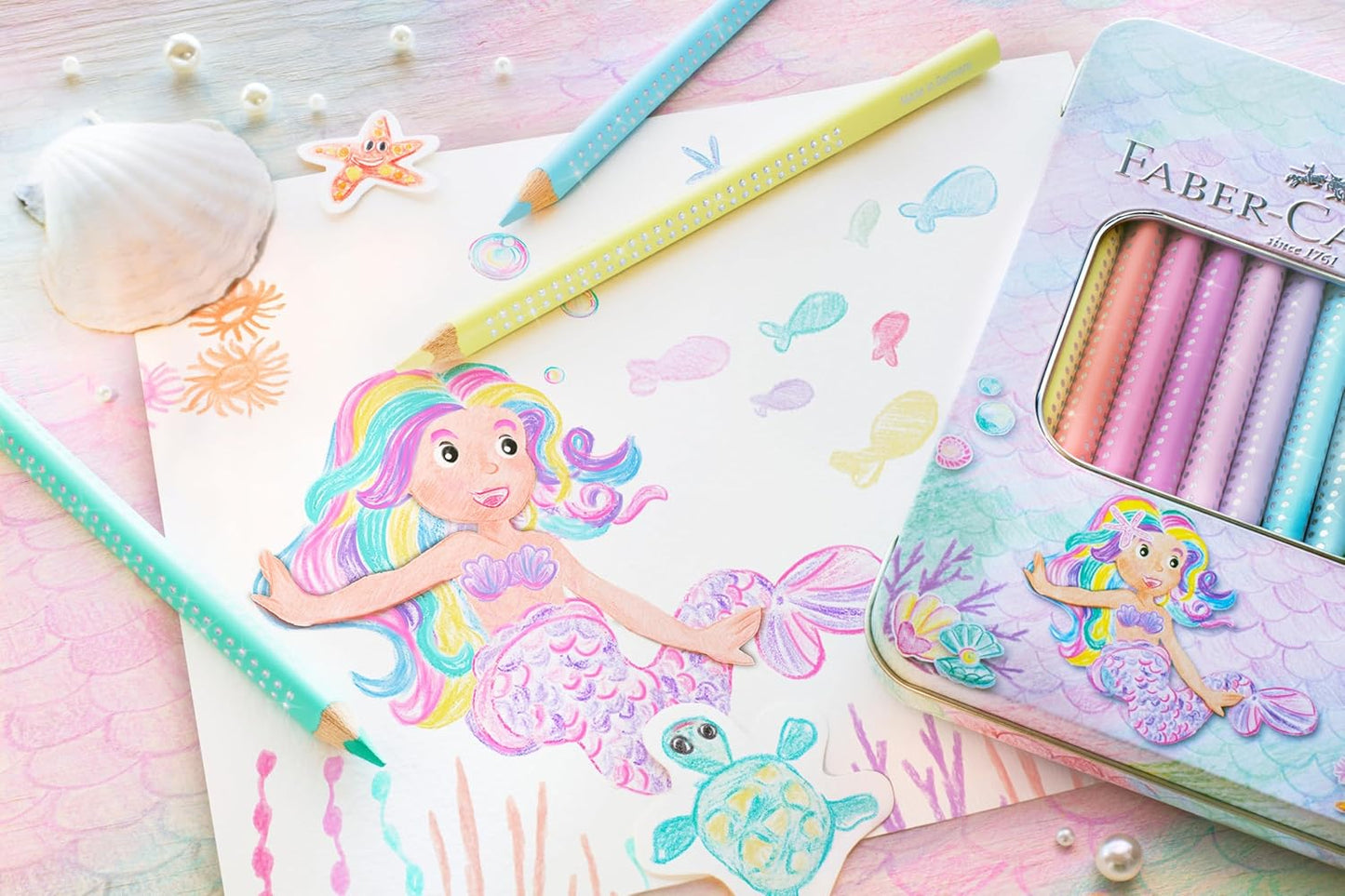 Faber-Castell 210910 Jumbo Colouring Pencils Set Sparkle 10 Thick Pastel Colouring Pencils for Children