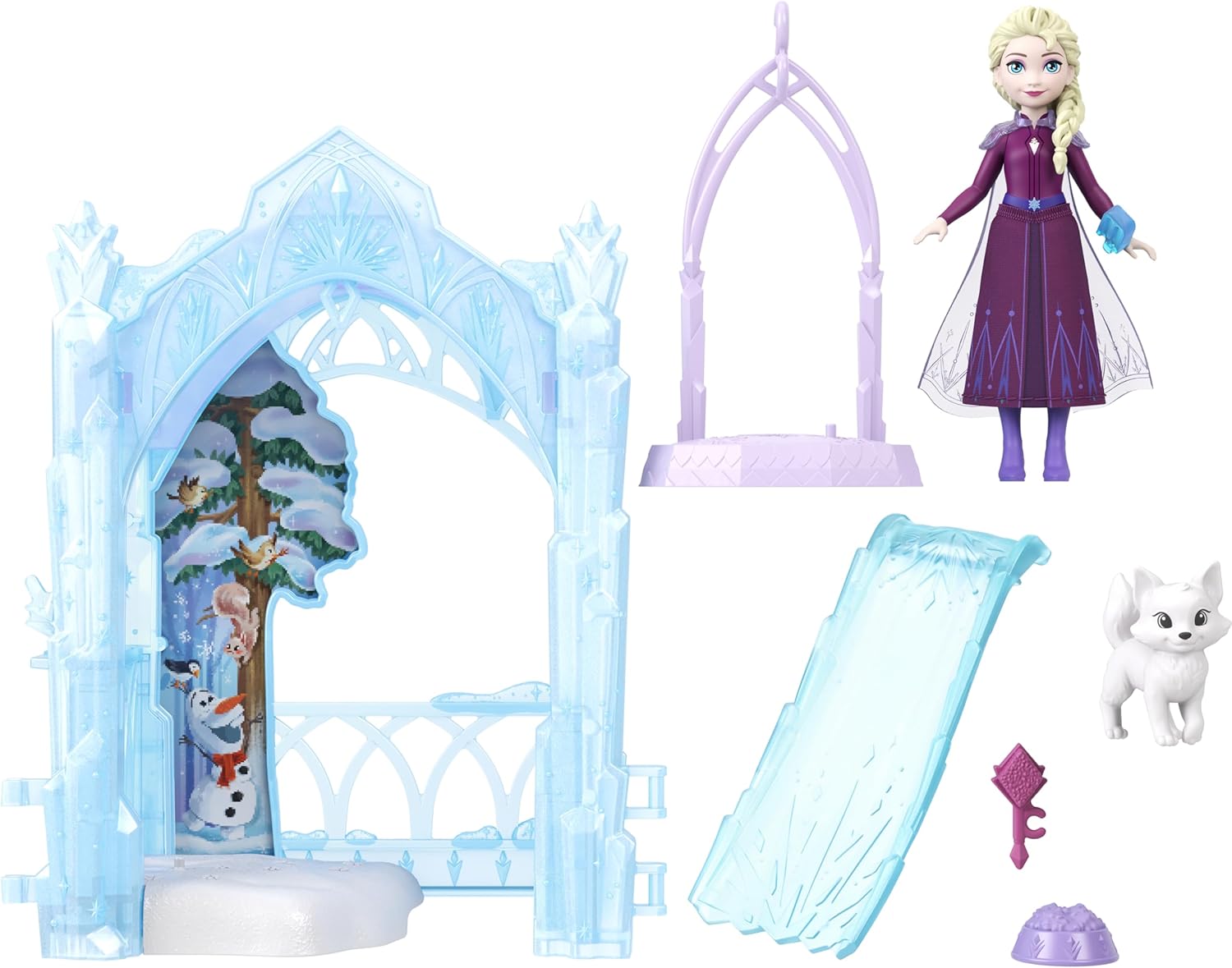 Mattel Disney Frozen Elsa Small Doll & Winter Animal Playset with Fox and Bird Figures, Slide & Accessories, Storytime Stackers Icy Animal Hideaway, JFG29