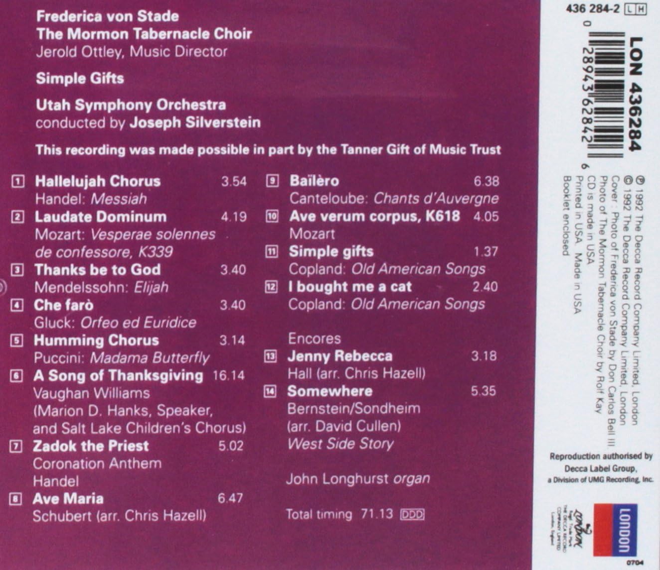 Songs of Thanksgiving-F.Von Stade-Utah Sy.Orc.J.Silverstein