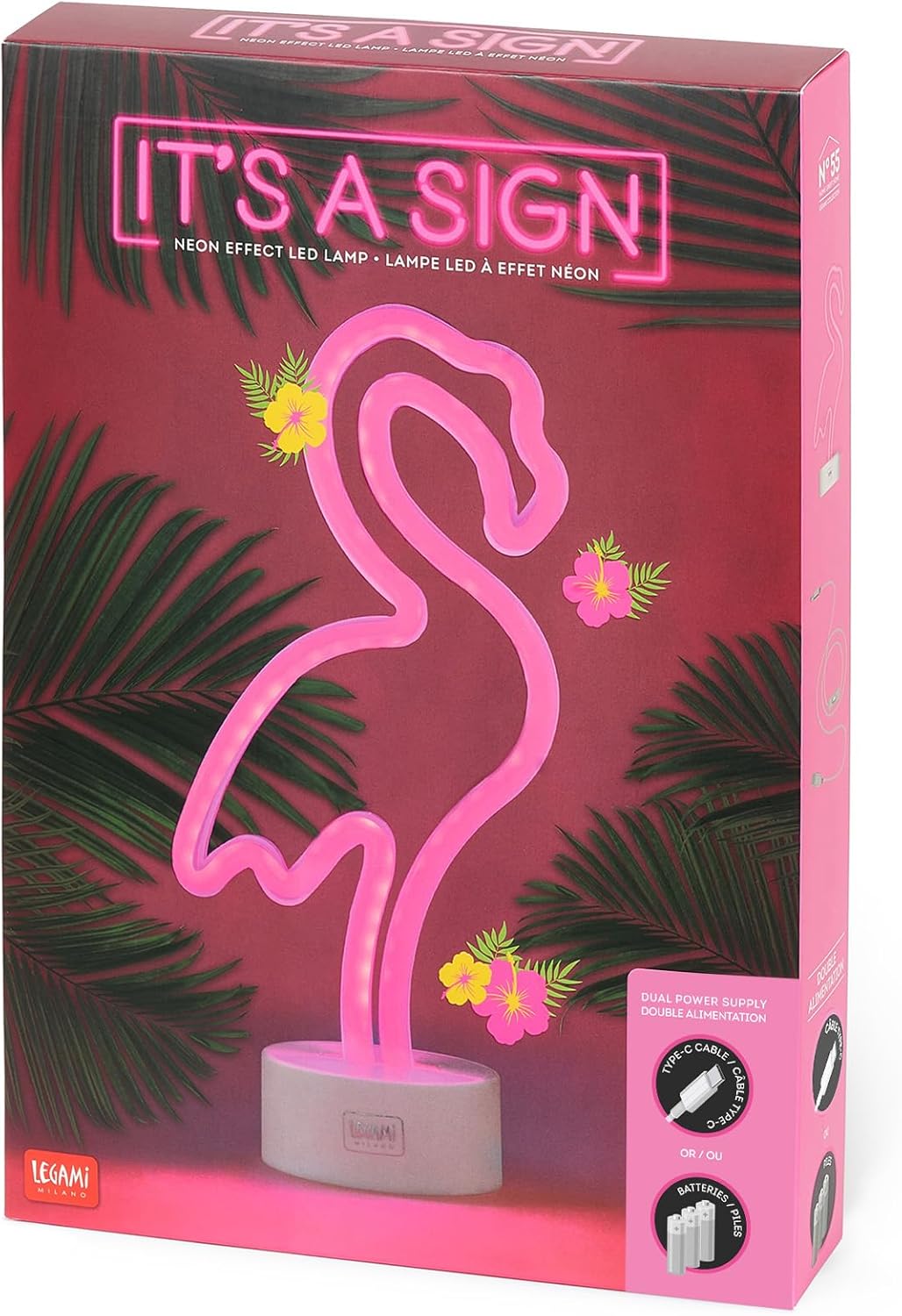 Legami - Neon Effect LED Lamp, It's a Sign, Flamingo, Dual Power Supply, Type-C Cable (Included) or Batteries (Not Included), Table Lamp