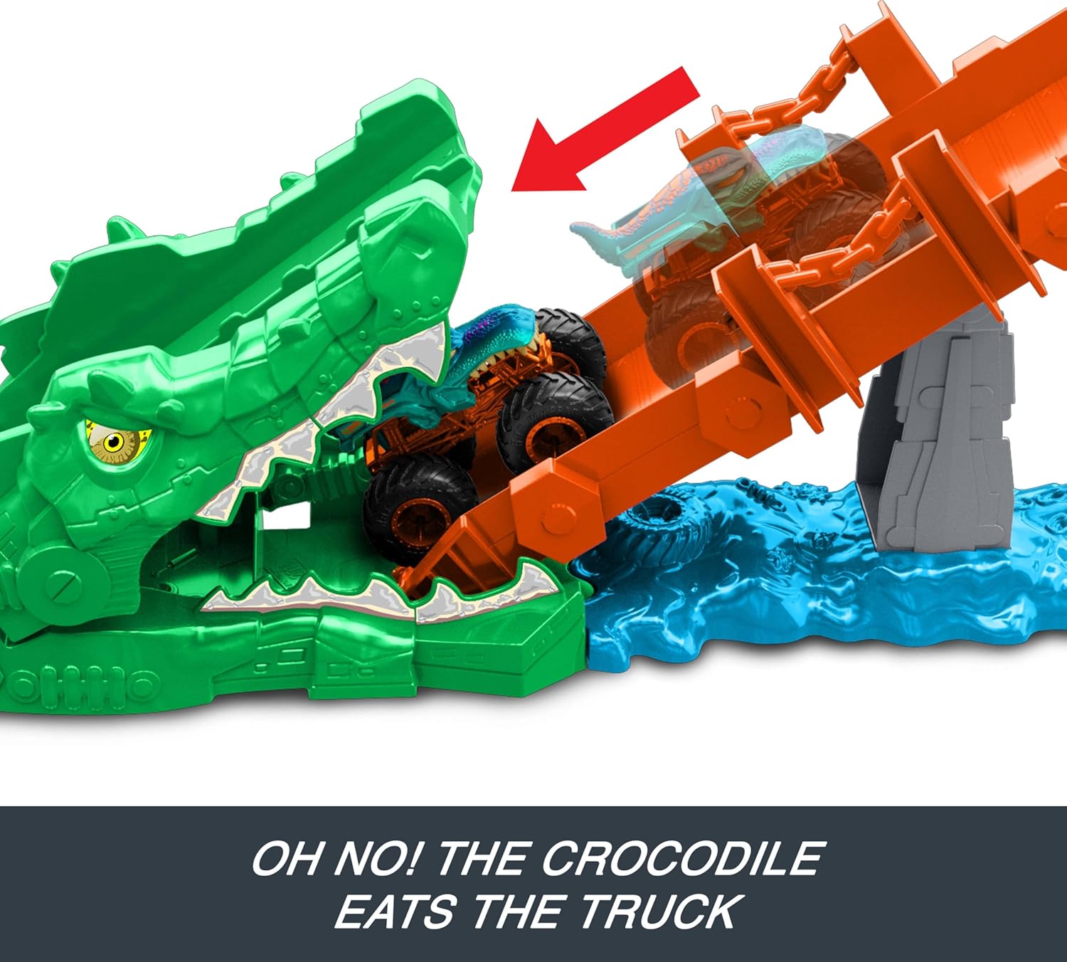 Hot Wheels Monster Trucks 1:64 Scale Mega-Wrex Vehicle, Race and Stunts on See-Saw Bridge - Crash Challenge Crocodile Playset