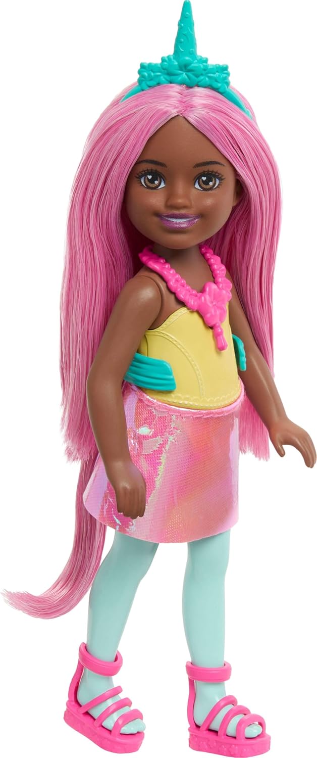 Barbie Chelsea Unicorn Small Doll (6") with Pink Hair with Removable Tail, Shoes and Hair Accessories, 6" Toy