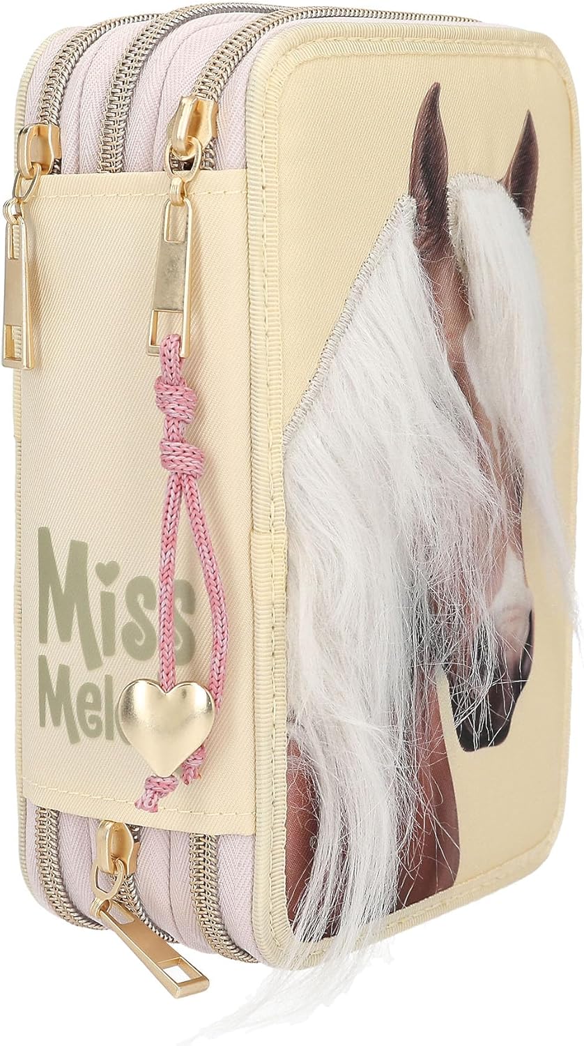 Depesche 13975 Miss Melody - Filled 3-Compartment Pencil Case in Light Yellow, with Horse Motif and Applied Mane, Pencil Case with Coloured Pencils, Scissors, Ruler and Much More