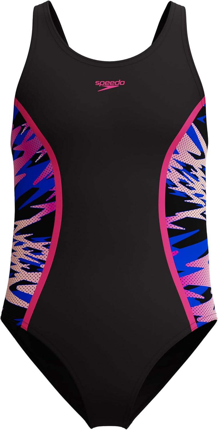 Speedo Girls Hyperboom Splice Muscleback Swimsuit Swimming Costume Anthracite/Margarita Pink