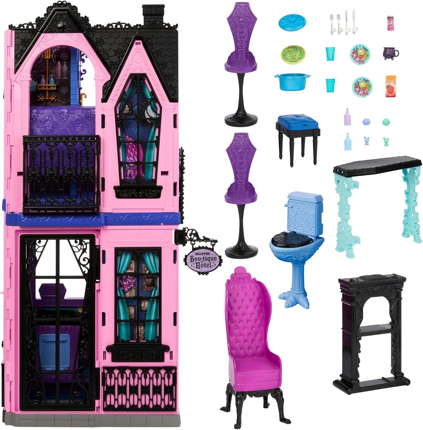 Monster High Boo-tique Hotel Doll House, Foldable Playset with Spooky Surprises in Every Room and 13+ Pieces Including Furniture and Accessories, JBF16
