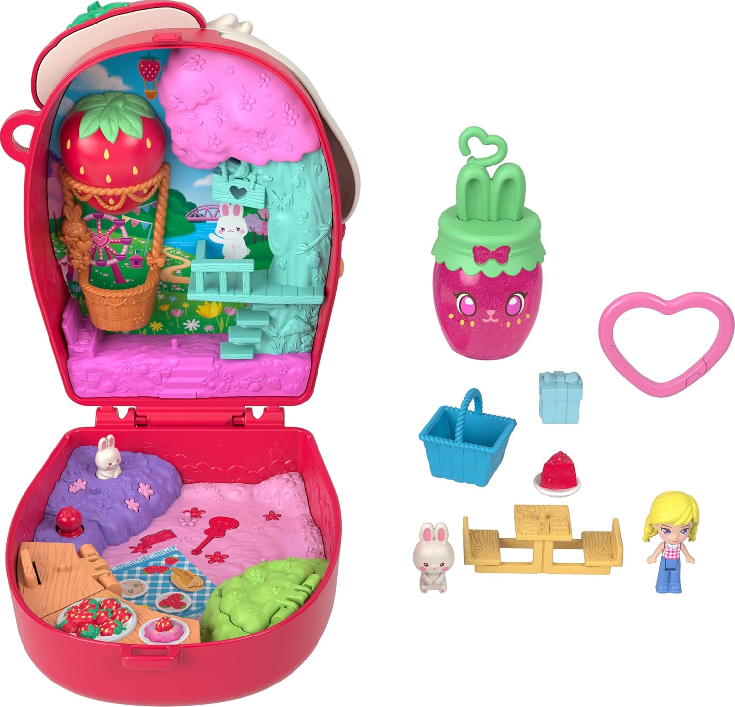 Polly Pocket Puppen und Spielset, Erdbeer-Picknick Häschen-Schatulle, Reisespielzeug mit 1 Mikropuppe, Haustier und Zubehörteilen mit Obstmotiven, JKC47