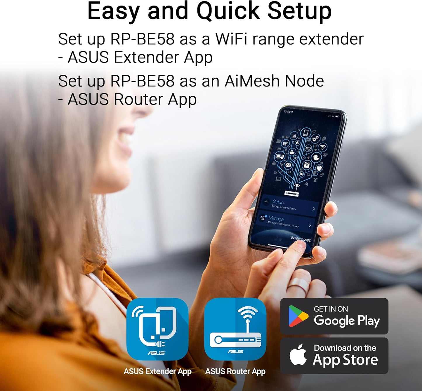 ASUS RP-BE58 BE3600 Dual Band WiFi 7 AiMesh Repeater (Range Extender, up to 3,600 Mbps, Seamless Mesh WiFi, Easy Setup via App