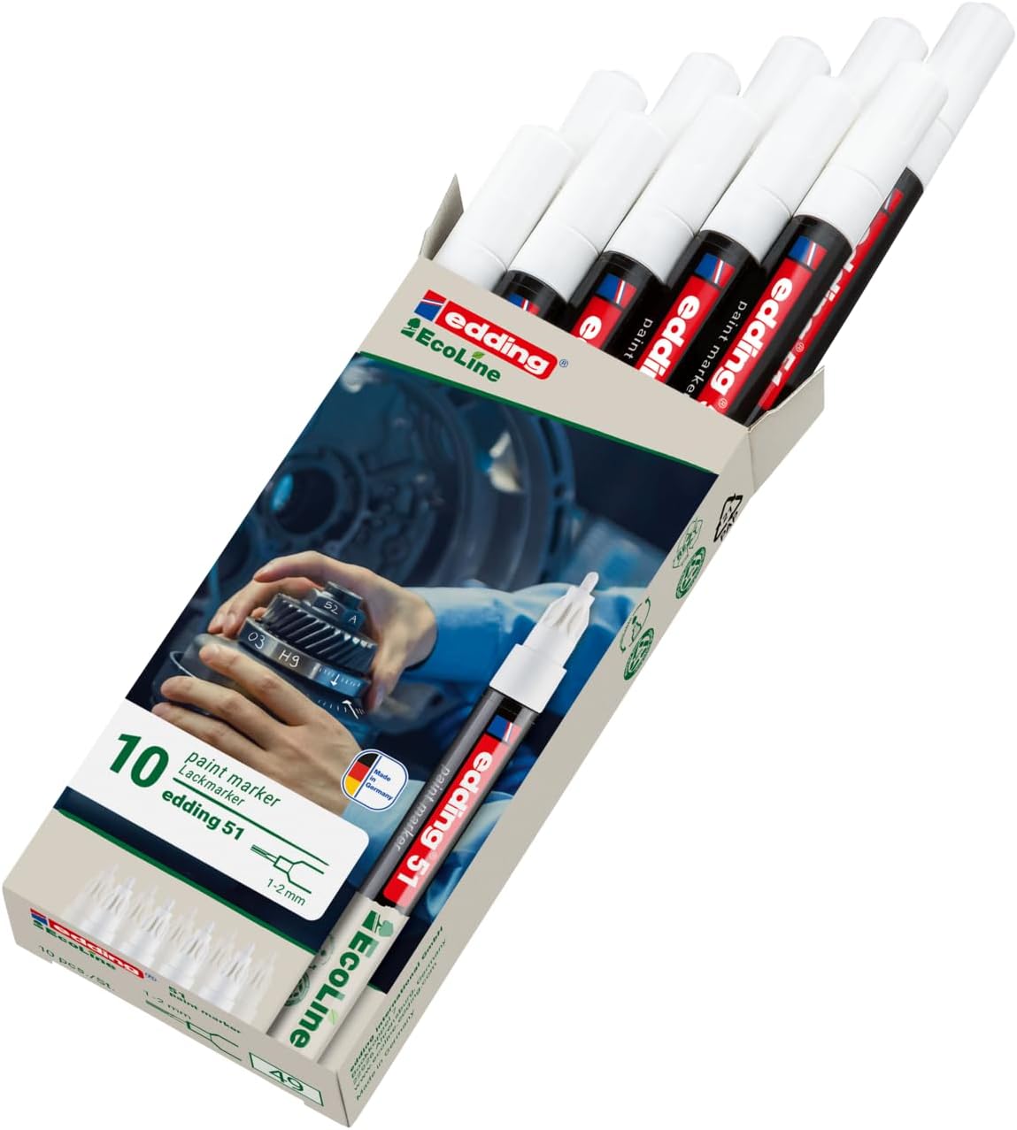 edding 51 EcoLine paint marker – white – pack of 10 – round nib 1-2 mm – water-based ink, highly opaque & waterproof – pen for glass, stone, wood, plastic and paper