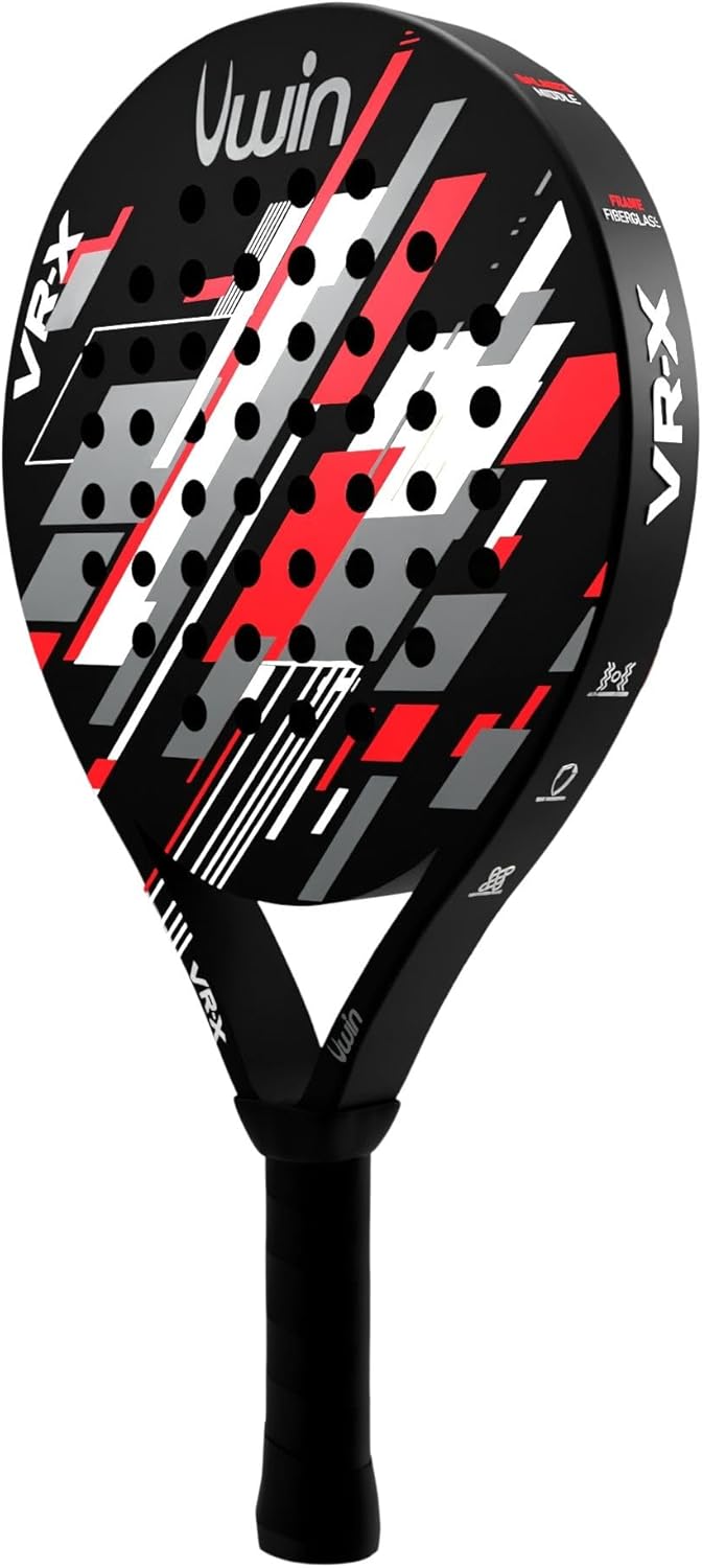 Uwin VR-X Padel Racket, Fibreglass Frame, EVA 15 Core for Balanced Power and Control, Round Shape with Central Sweet Spot, Matte Finish, Red White Grey