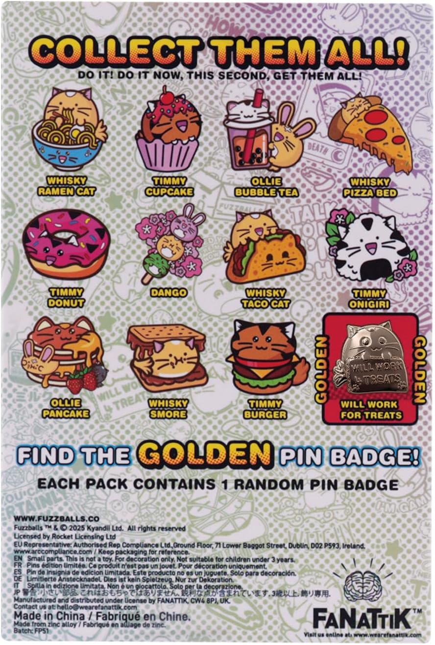 Fuzzballs Mystery Pin Badge CDU – x12 simpatici badge stile anime in scatole cieche di spille smaltate da collezione e include una rara spilla dorata "Will Work 4 Treats"