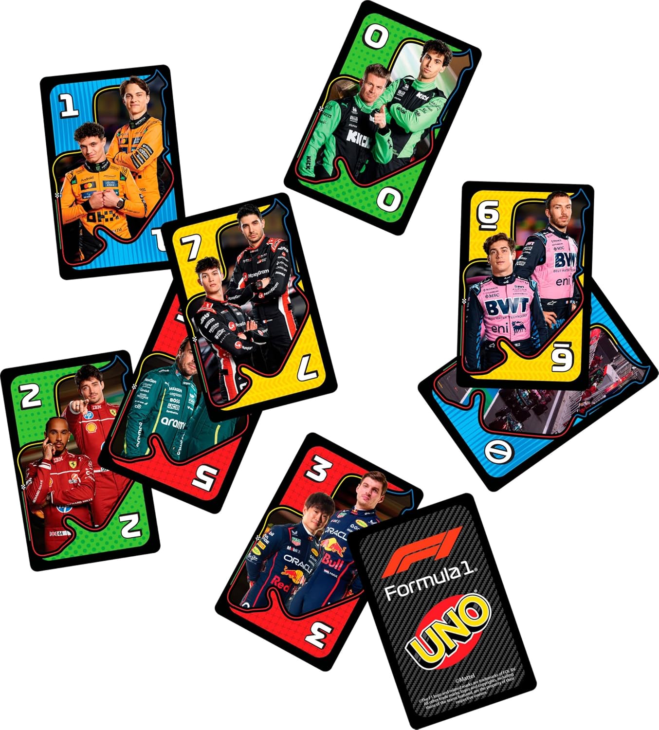 Mattel Games UNO F1 kaartspel voor kinderen, gezinnen, reizen en kamperen, kaarten bevatten beelden van de wereld van Formule 1, JMF10