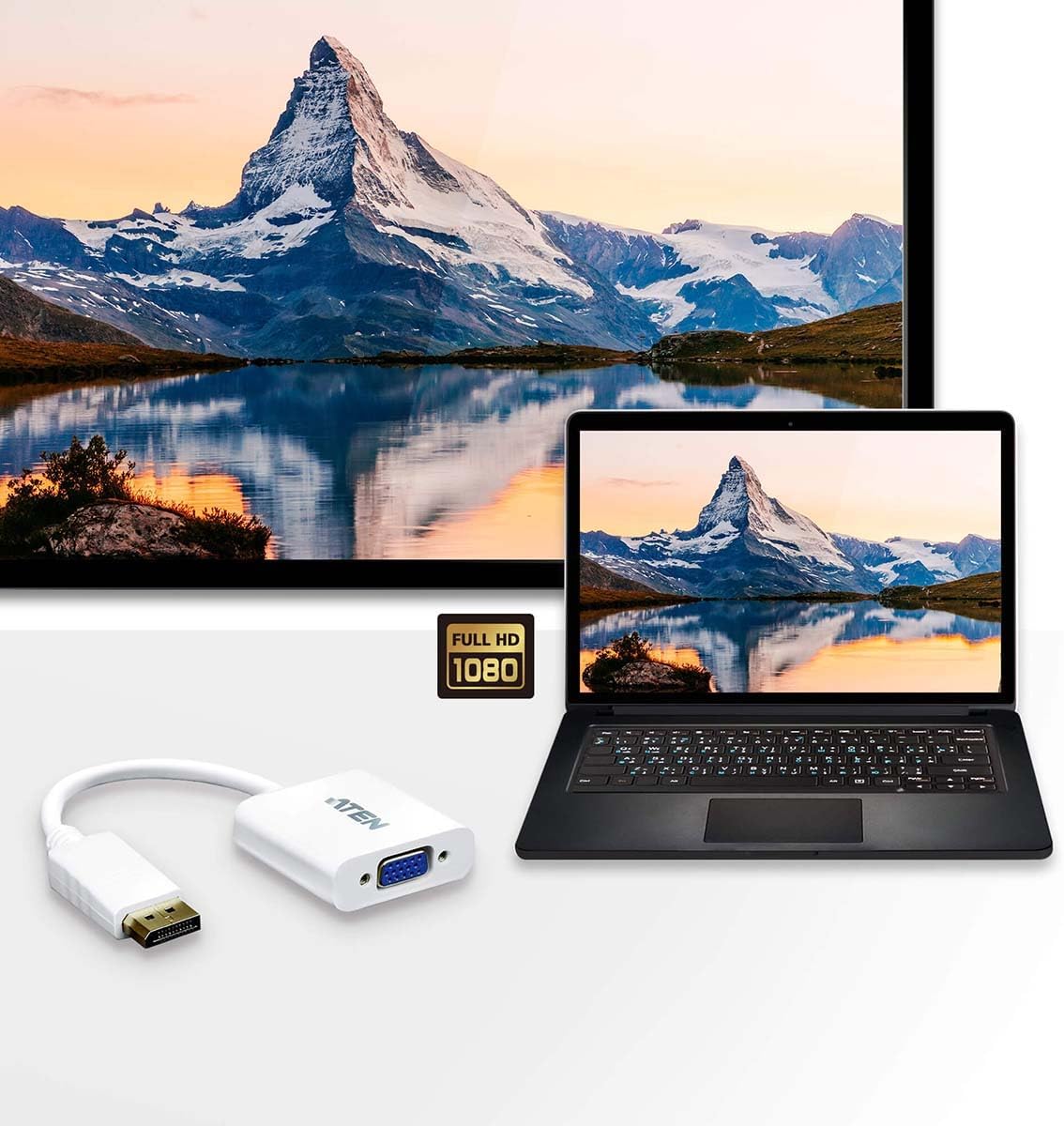 ATEN DisplayPort to VGA Converter Adapter VC925 Supports VGA, SVGA, XGA, SXGA, UXGA and resolutions up to 1920x1200 (PC) / 1080p (HDTV) No software or driver installation, DisplayPort 1.2 compliant