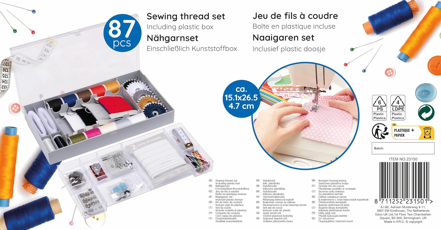 Naaiset 78-delig - Naaikast voor onderweg - Inclusief naainaalden - met stopgaren, knopen, veiligheidsspelden, jeansknoppen, elastiek en meetlint - kunststof opbergdoos - grijs