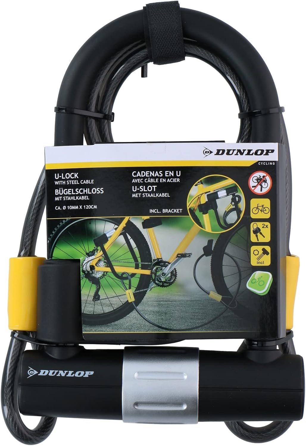 Dunlop Fietsslot, combinatie van beugelslot en kabelslot, stalen kabel met 2 lussen, 120 cm, Ø 10 mm, met 2 sleutels