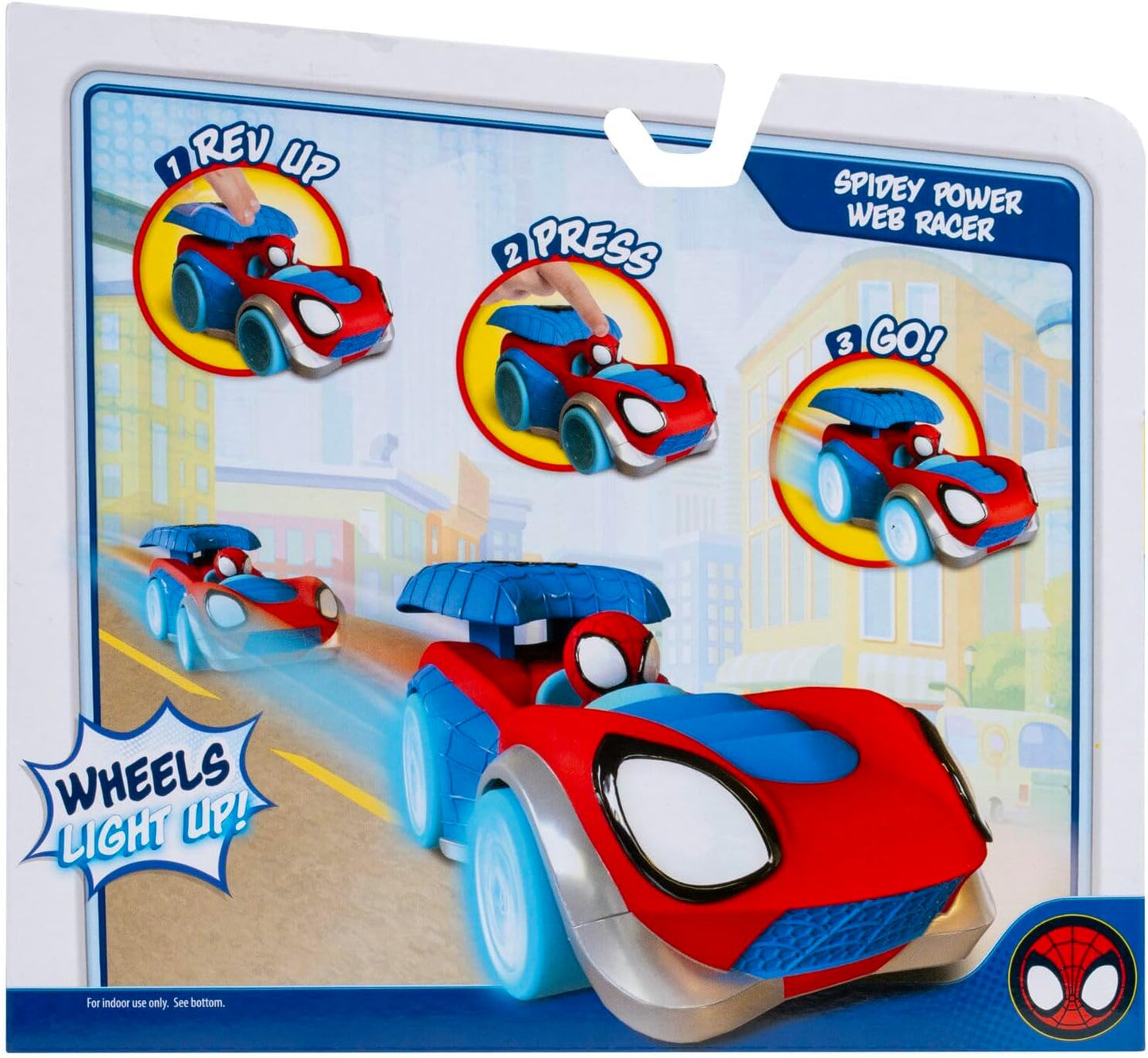 SPIDEY AND HIS AMAZING FRIENDS MARVEL Power Web Racer - 8-Inch Vehicle with Rev Up Spoiler, Light Up Wheels, and Built-In-Character