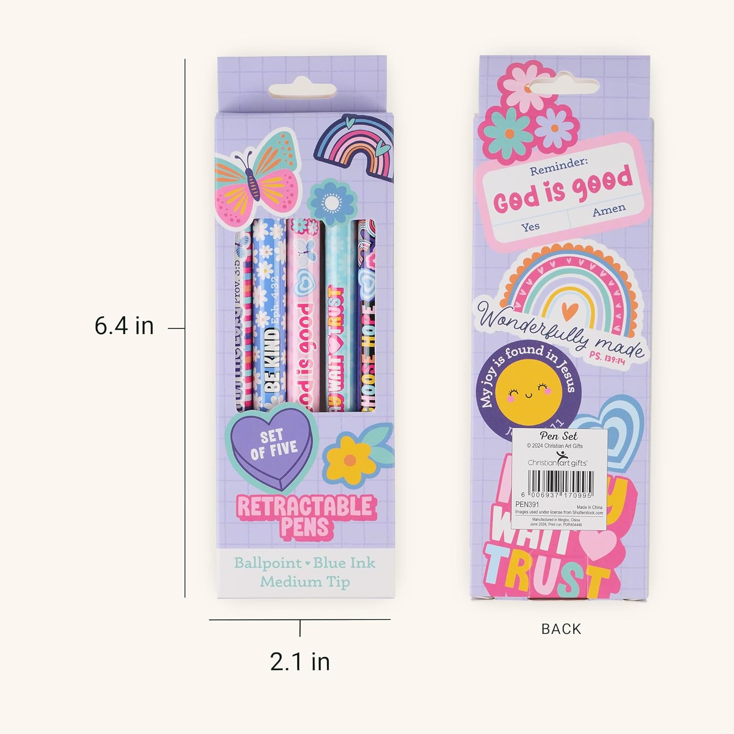 Christian Art Gifts 5 Piece Kids Ballpoint Pen Set for Girls, Inspirational Scripture Multicolor Floral Writing Pens, Retractable, Blue Ink, Medium Ballpoint