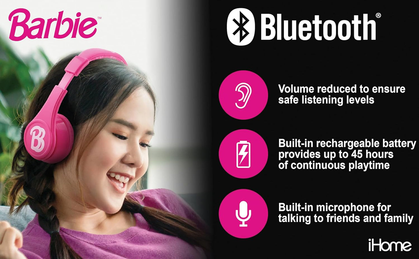 eKids Barbie Bluetooth Headphones, Pink Wireless Headphones with Microphone Includes Aux Cord, Volume Reduced Kids Foldable Earphones for School, Home, or Travel